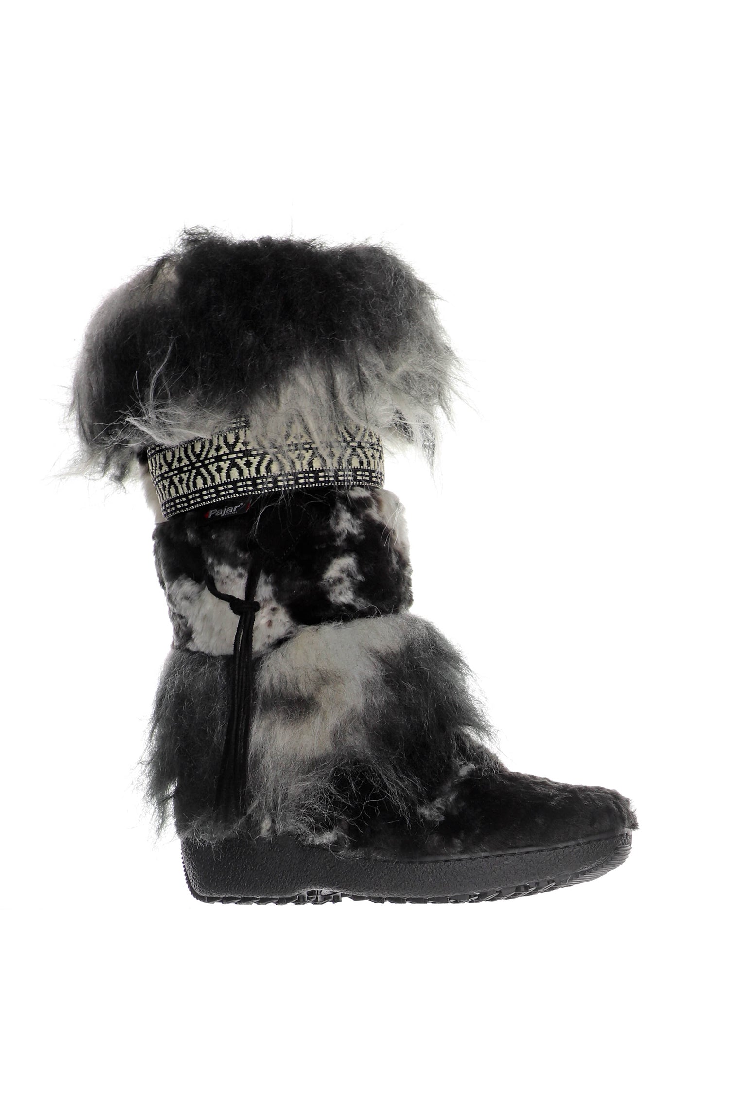 Anna Sui x Pajar Folklore Boot, black and grey furry boots, high sole, black lace to tied, long flurry top