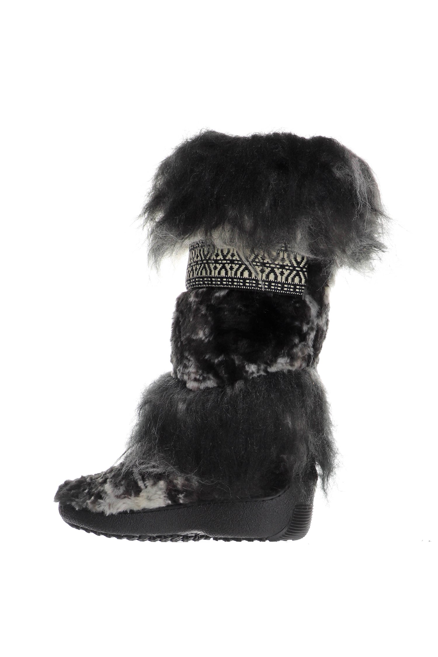 Other side of the Boot, black and grey furry boots, high sole, black lace to tied, long flurry top