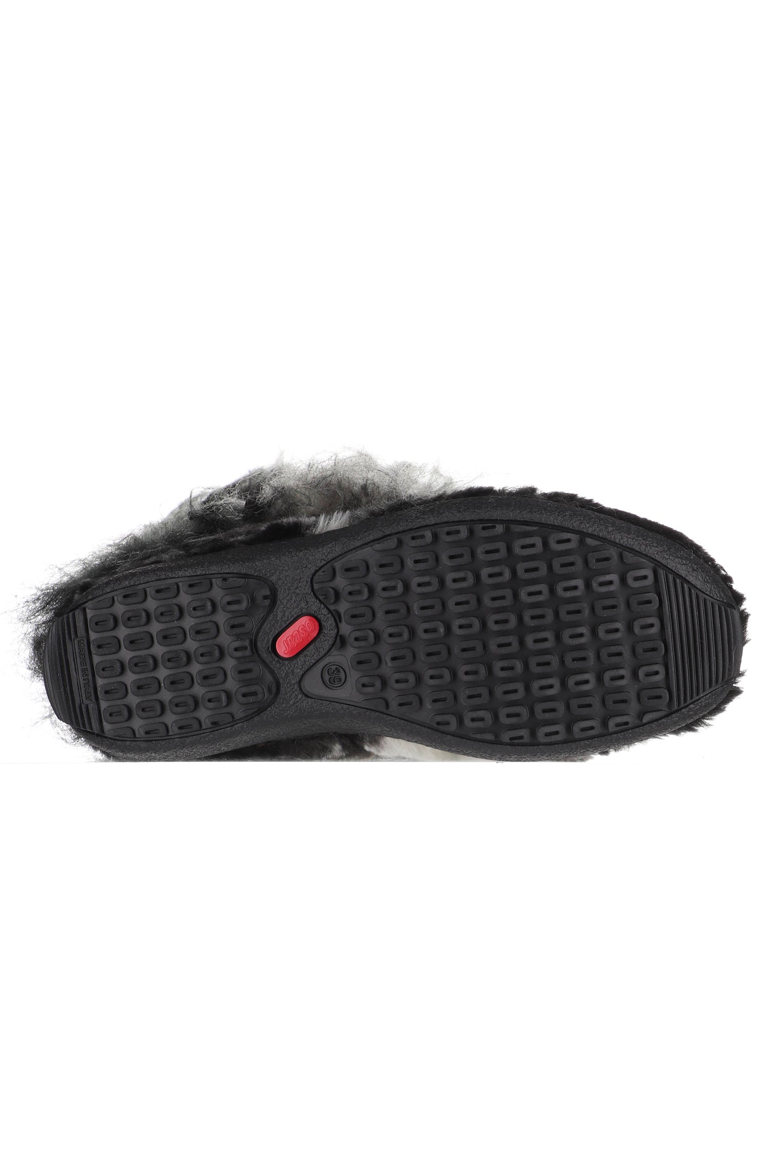 Bottom sole, black with Anti-slip design and a red button signature