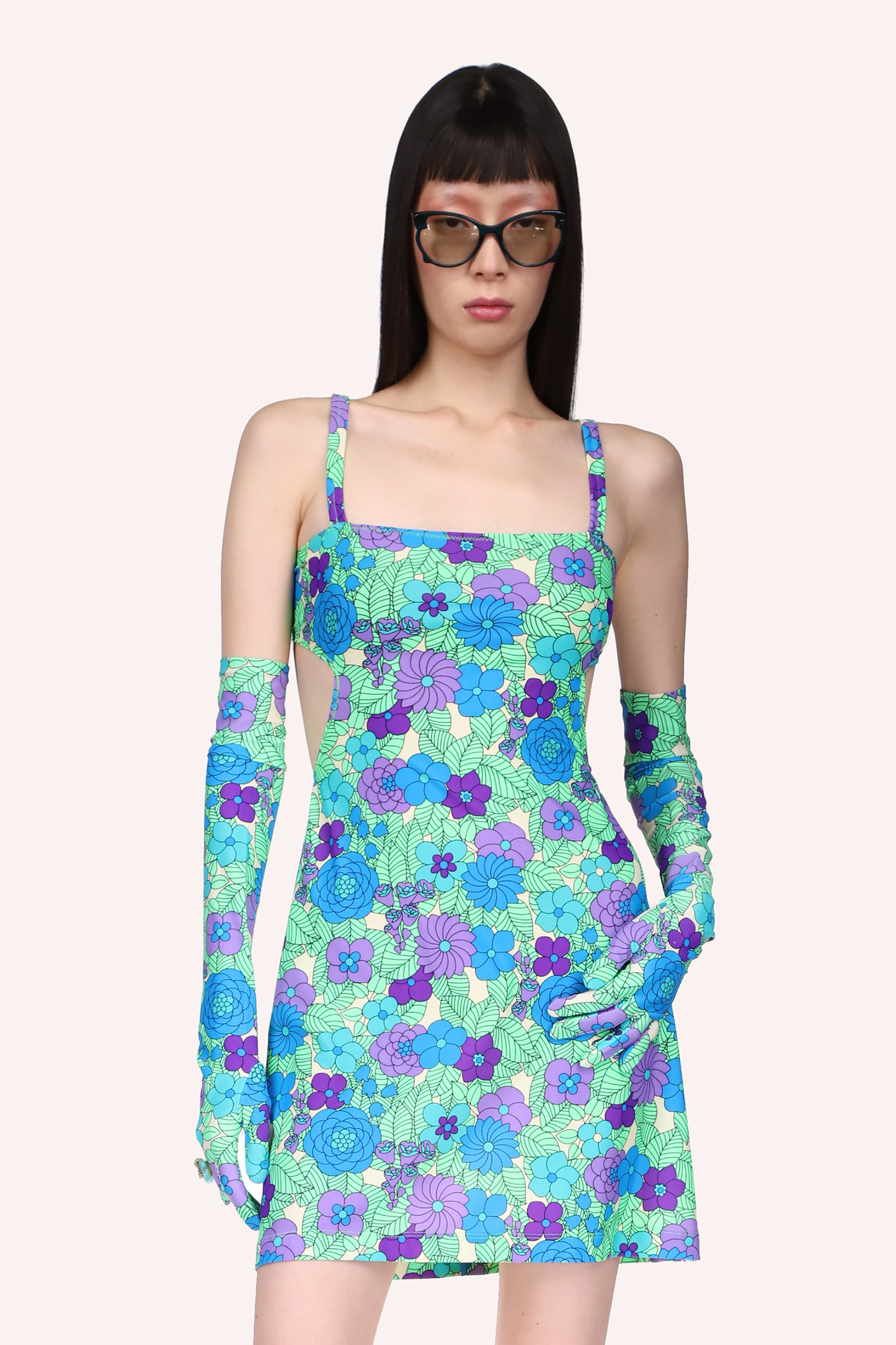 Gloves, above elbow long, floral design in hue of green can be pair with dress with the same pattern