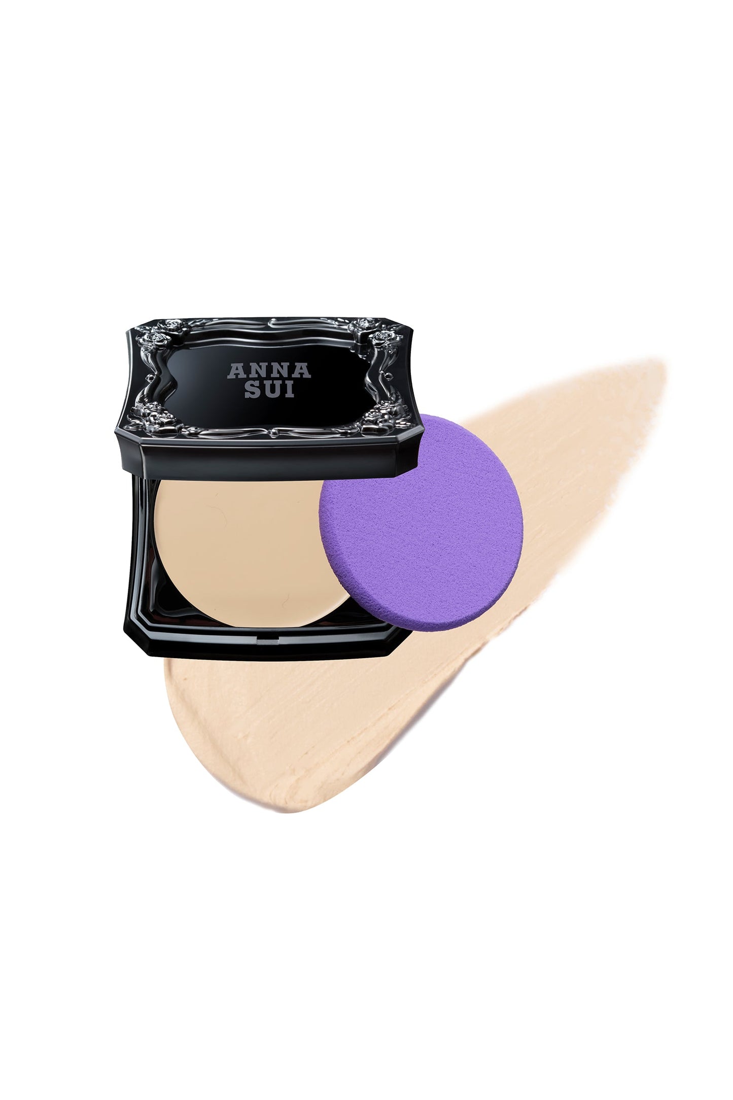 FAIR foundation is in a black container with raised rose pattern, label with powders &violet pad