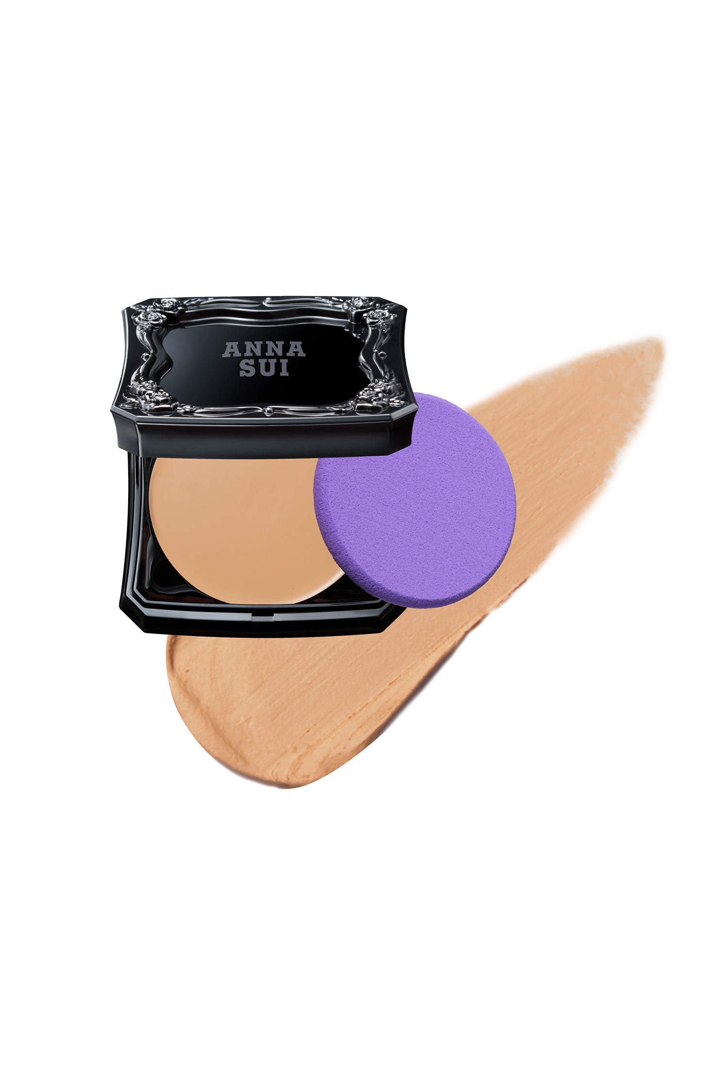 MEDIUM  foundation is in a black container with raised rose pattern, label with powders and violet pad