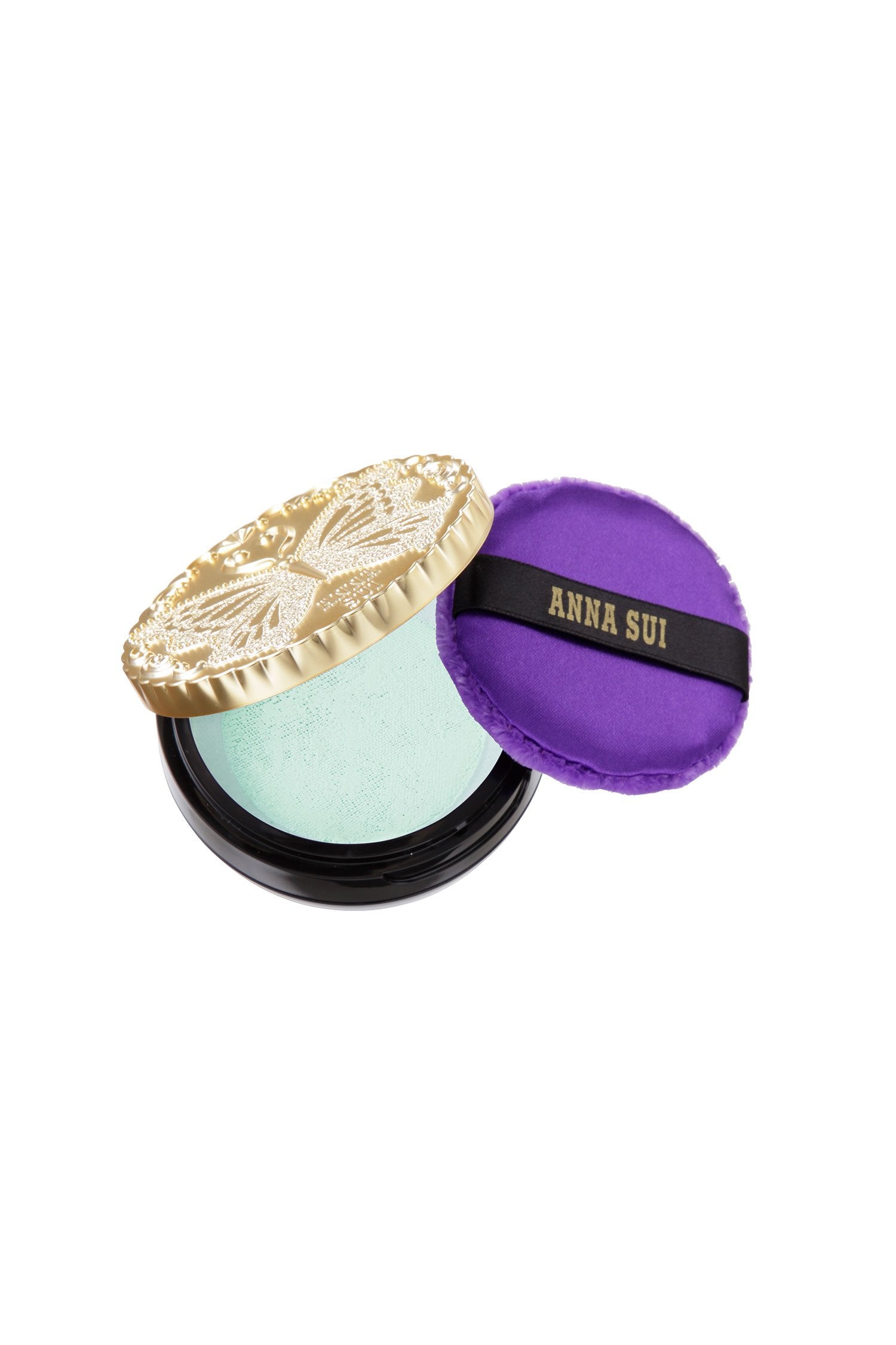 Mini Loose  LIGHT GREENPowder Set, round black case, with a golden lid with engraved butterfly on top, and a purple pad.