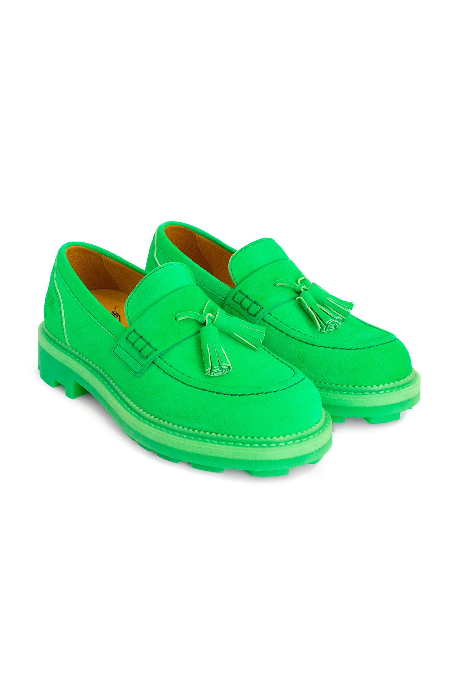 Anna Sui x John Fluevog Loafers Glo Green, with a passant front with tassels , large light green stiches on hems