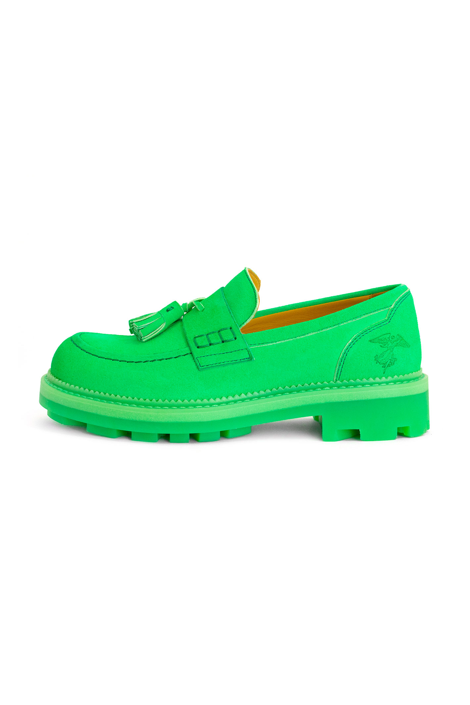 An angel is printed on the hell side, under a double green hems, the sole is in the same glo green