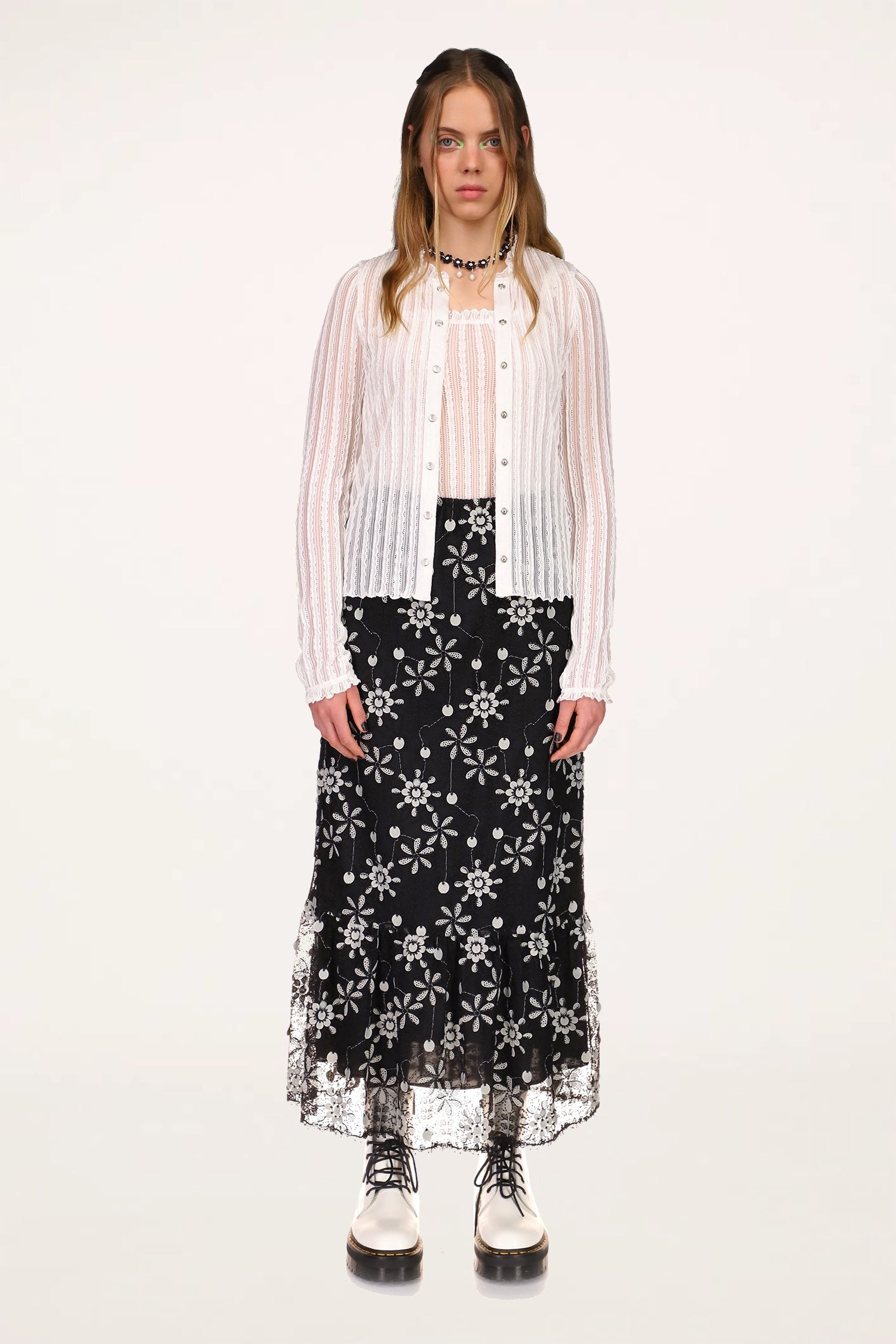 Ruffle Knit Lace Button Top <br> White - Anna Sui