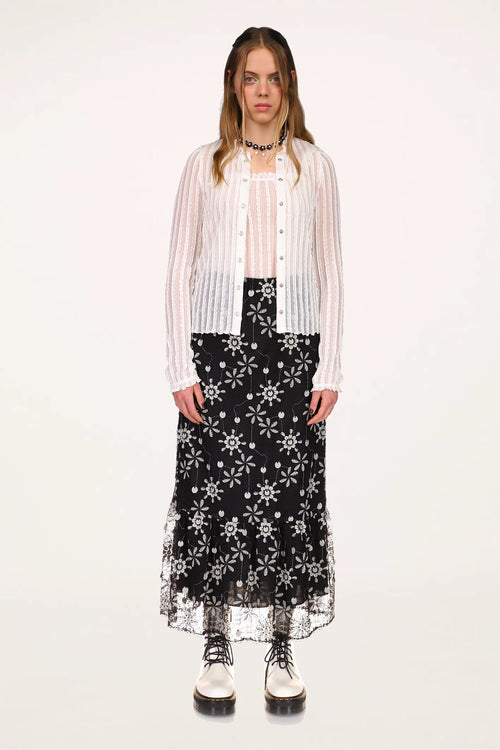 Ruffle Knit Lace Button Top <br> White - Anna Sui