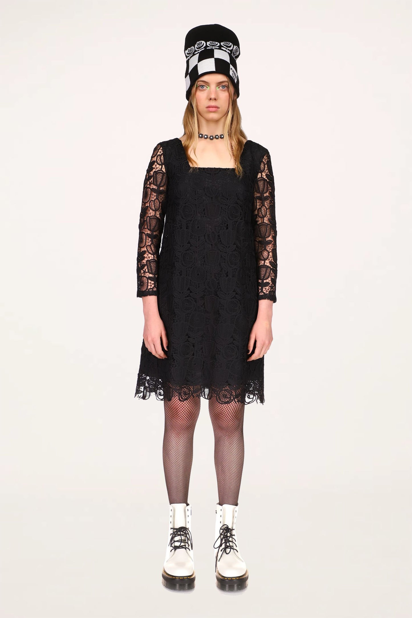 Madonna Dress Black, above knee long, squared collar, transparent lace on arms and bottom