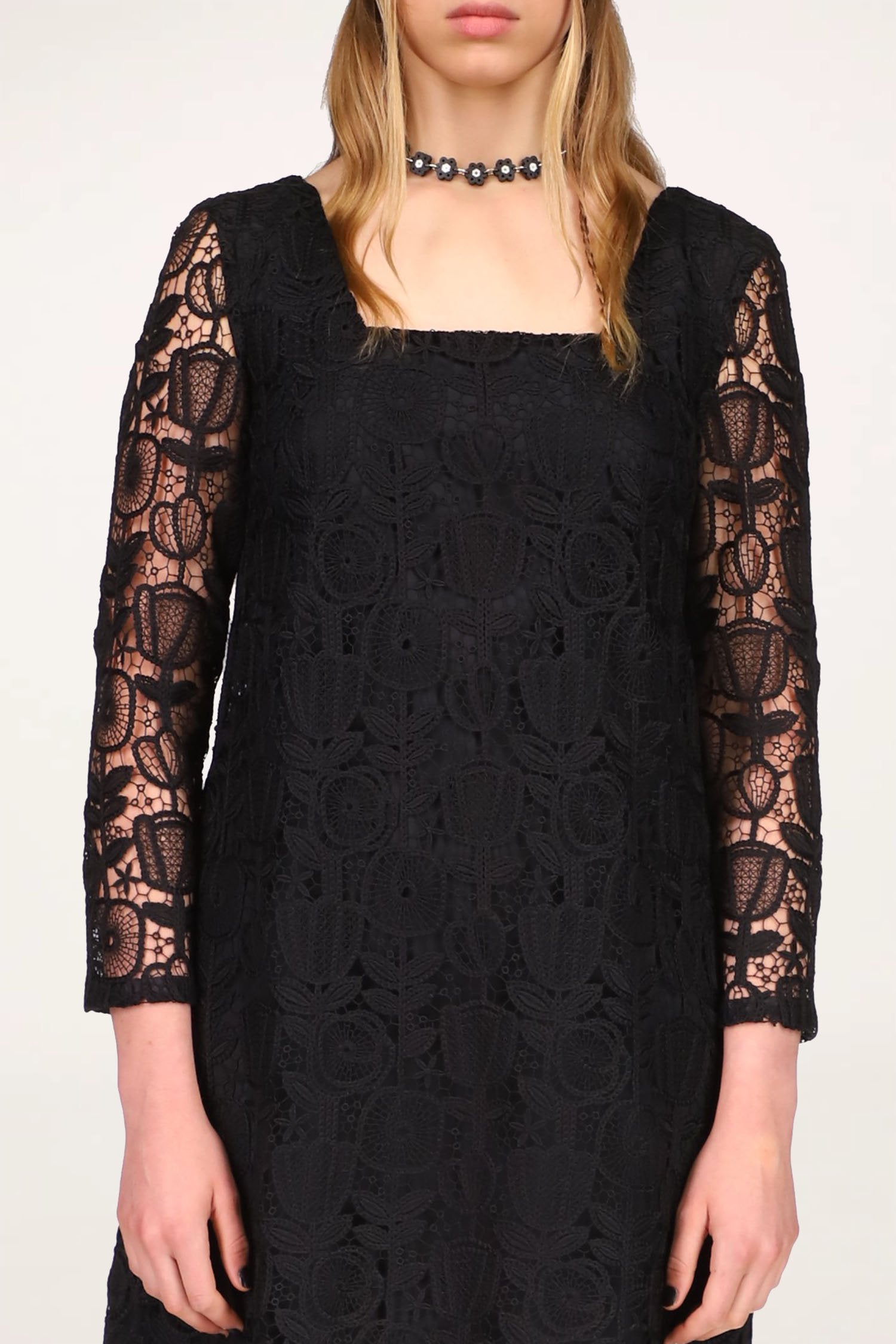 Garden Lace Madonna Dress, detail of the lace floral design, sleeves stop just above the wrist