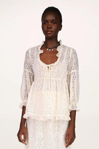 Ruffle Knit Lace Button Top <br> White