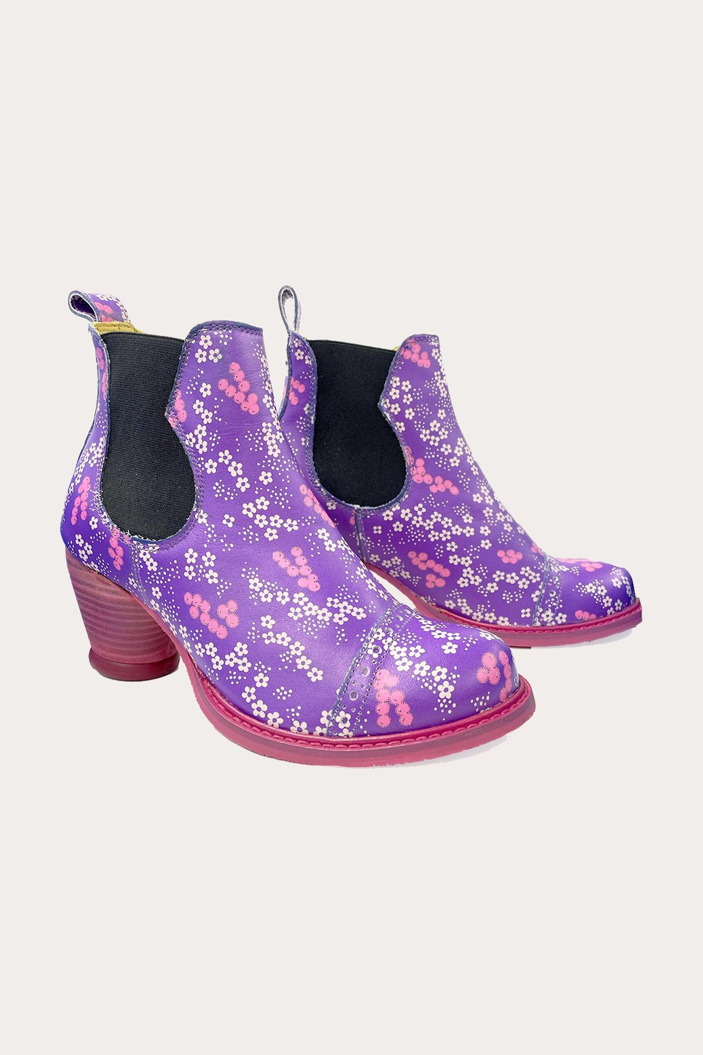 Ditsy Blooms Boot, high heel purple, pink/white floral design, black side elastic, ankles high