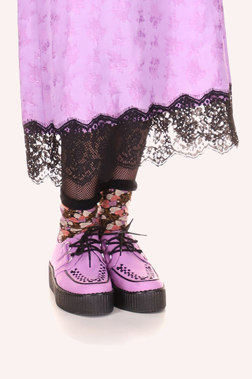 Blooming Hearts Socks Lavender, top with black lace, just above the ankles