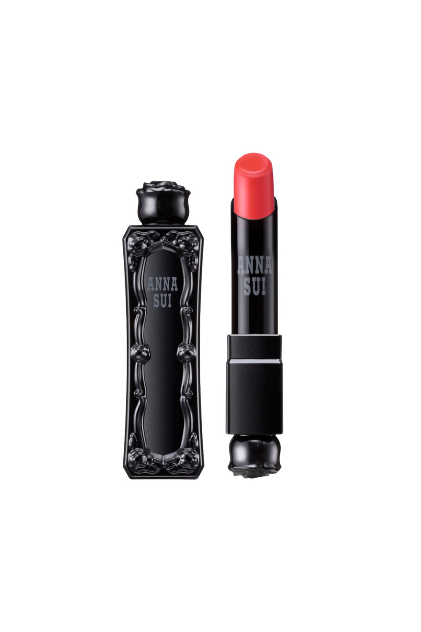 Passion Orange lipstick, in an Anna Sui, black container with raised rose pattern, rose on top 
