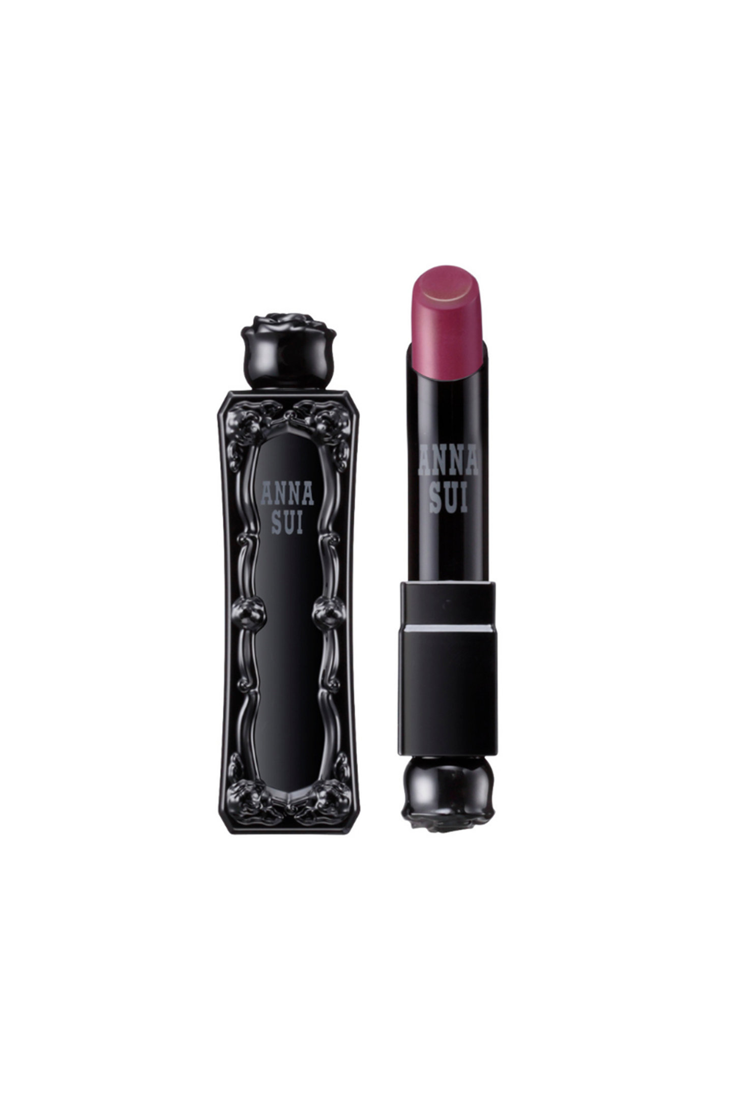 Mulberry Pink lipstick, in an Anna Sui, black container with raised rose pattern, rose on top 