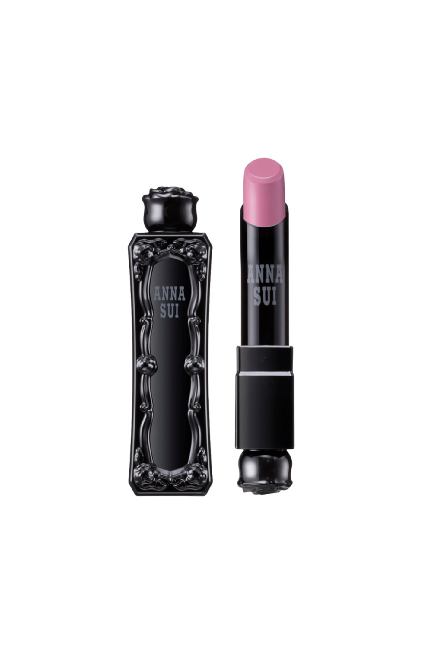 Mauve lipstick, in an Anna Sui, black container with raised rose pattern, rose on top 