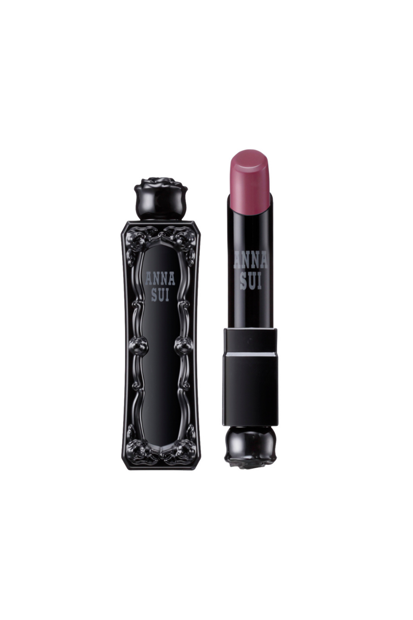 Rouge à lèvres prune, dans un flacon Anna Sui, noir avec un motif de rose en relief, rose sur le dessus 