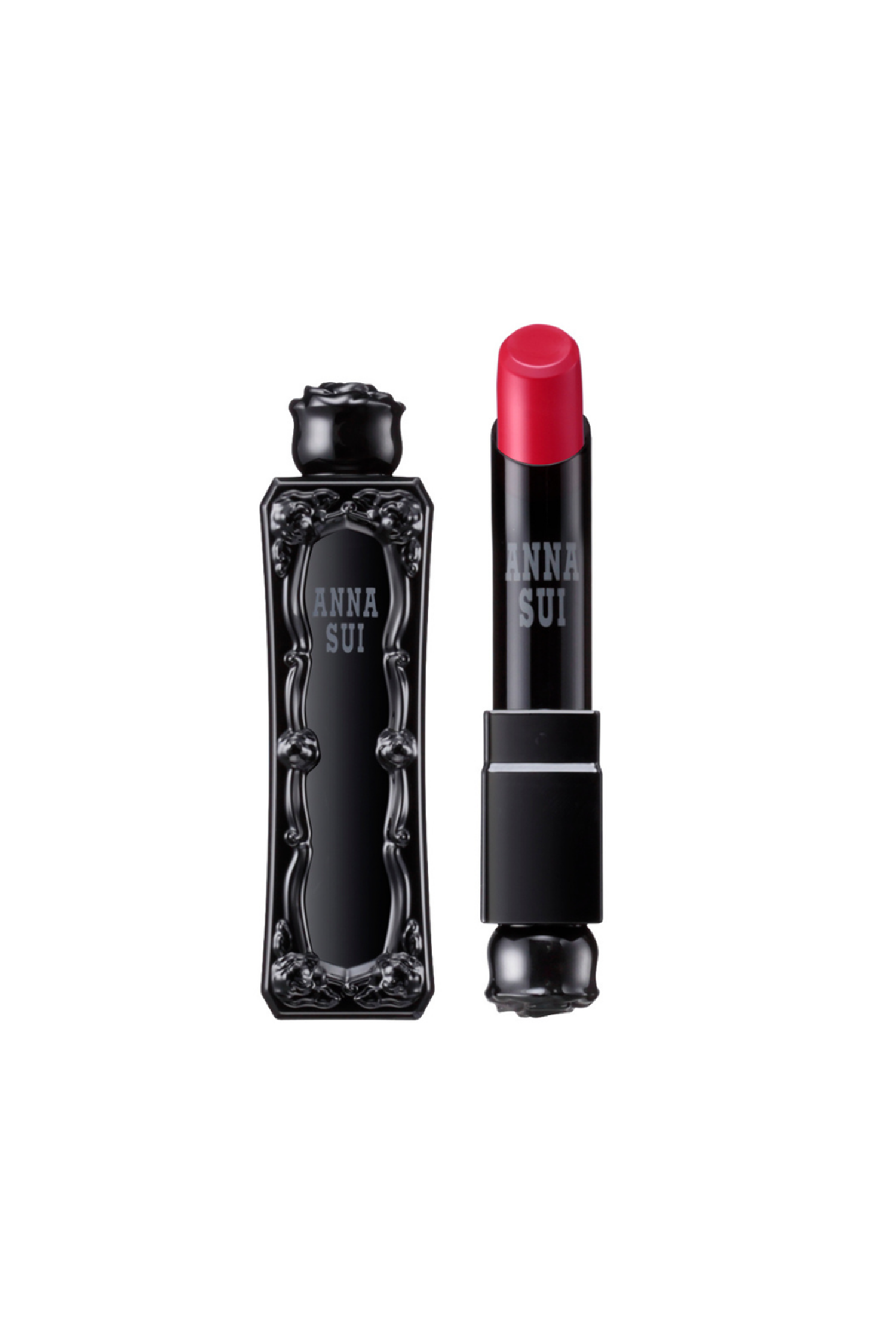 Lipstick, inspired by the Anna fragrance bottle, black container with raised rose pattern, rose on top