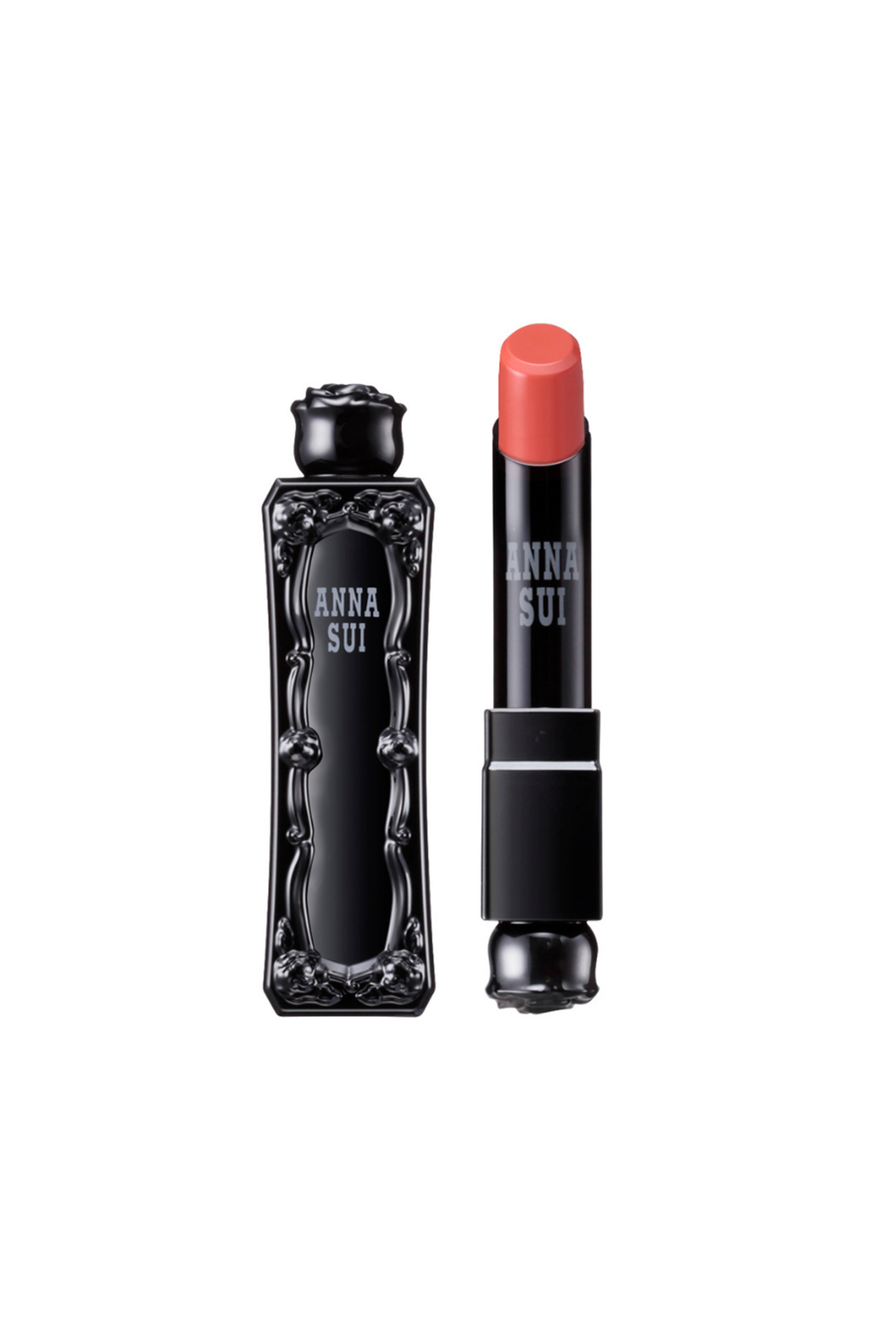 Tangerine Dream lipstick, in an Anna Sui, black container with raised rose pattern, rose on top 