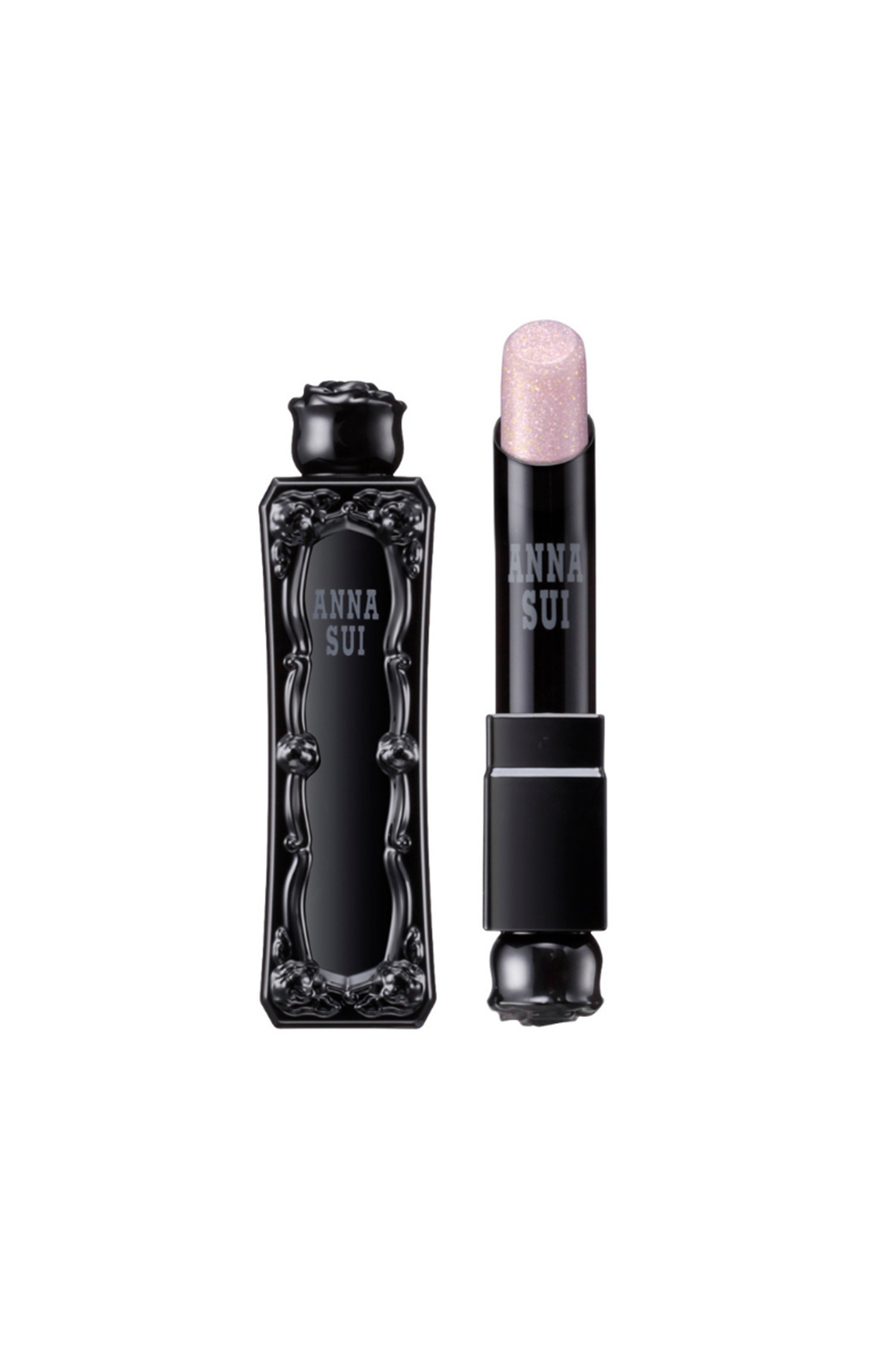 Sunshine Pink lipstick, in an Anna Sui, black container with raised rose pattern, rose on top 