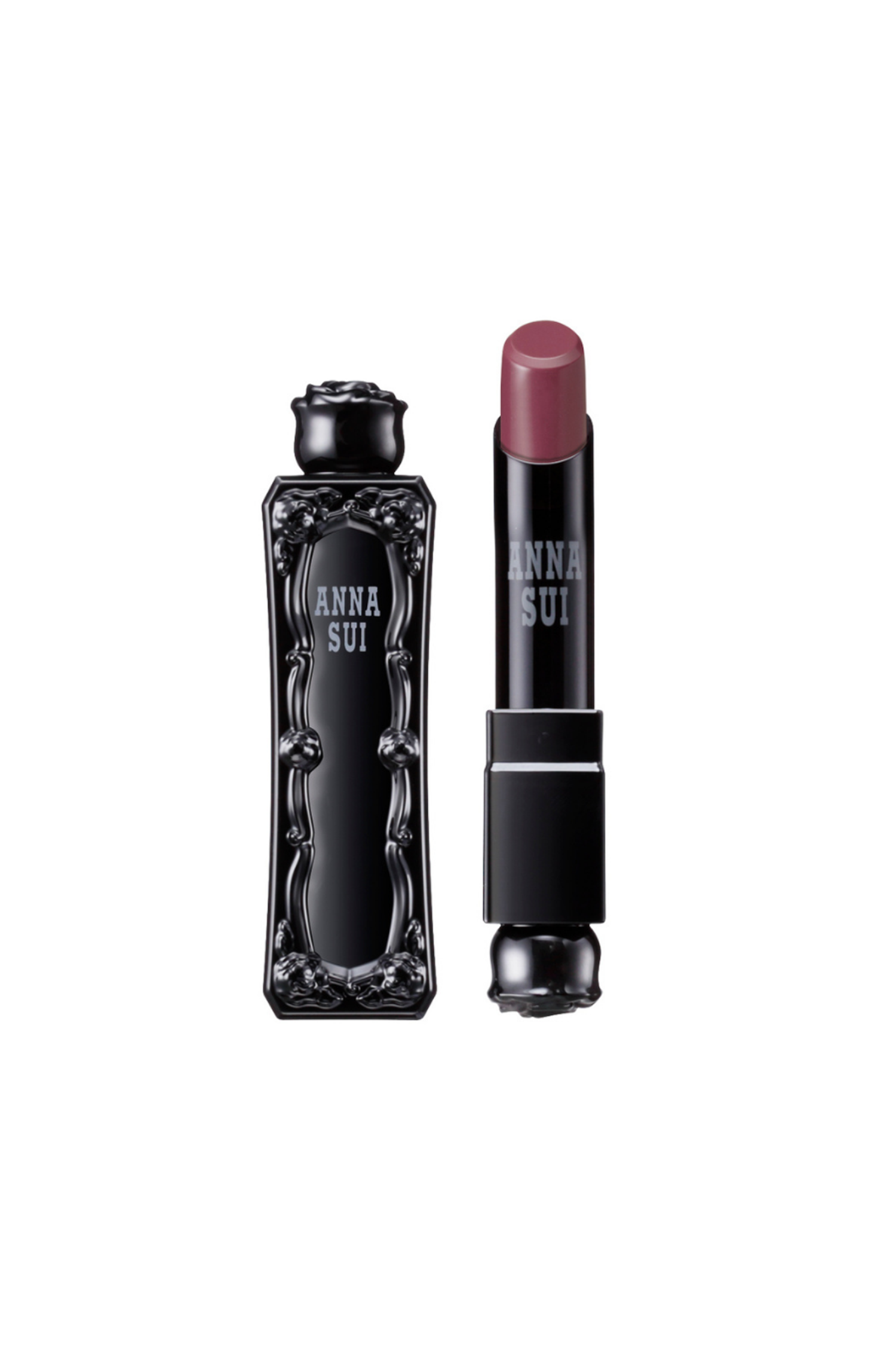 Rouge à lèvres Iris, dans un emballage Anna Sui, noir avec un motif de rose en relief, rose sur le dessus 