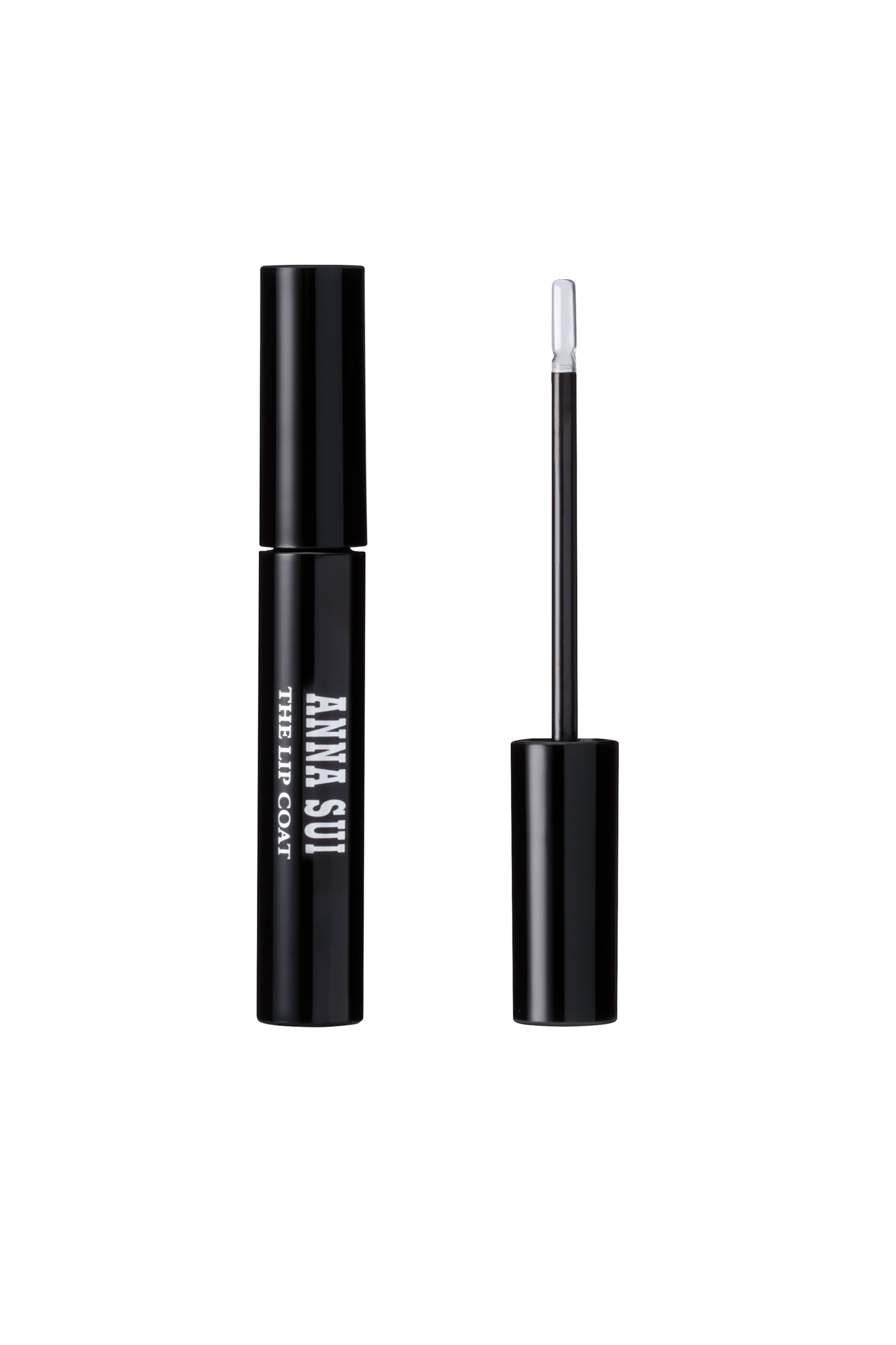 Lip coat, in a black cylindrical container, with white label Anna Sui, the Lip Coat brush on the side