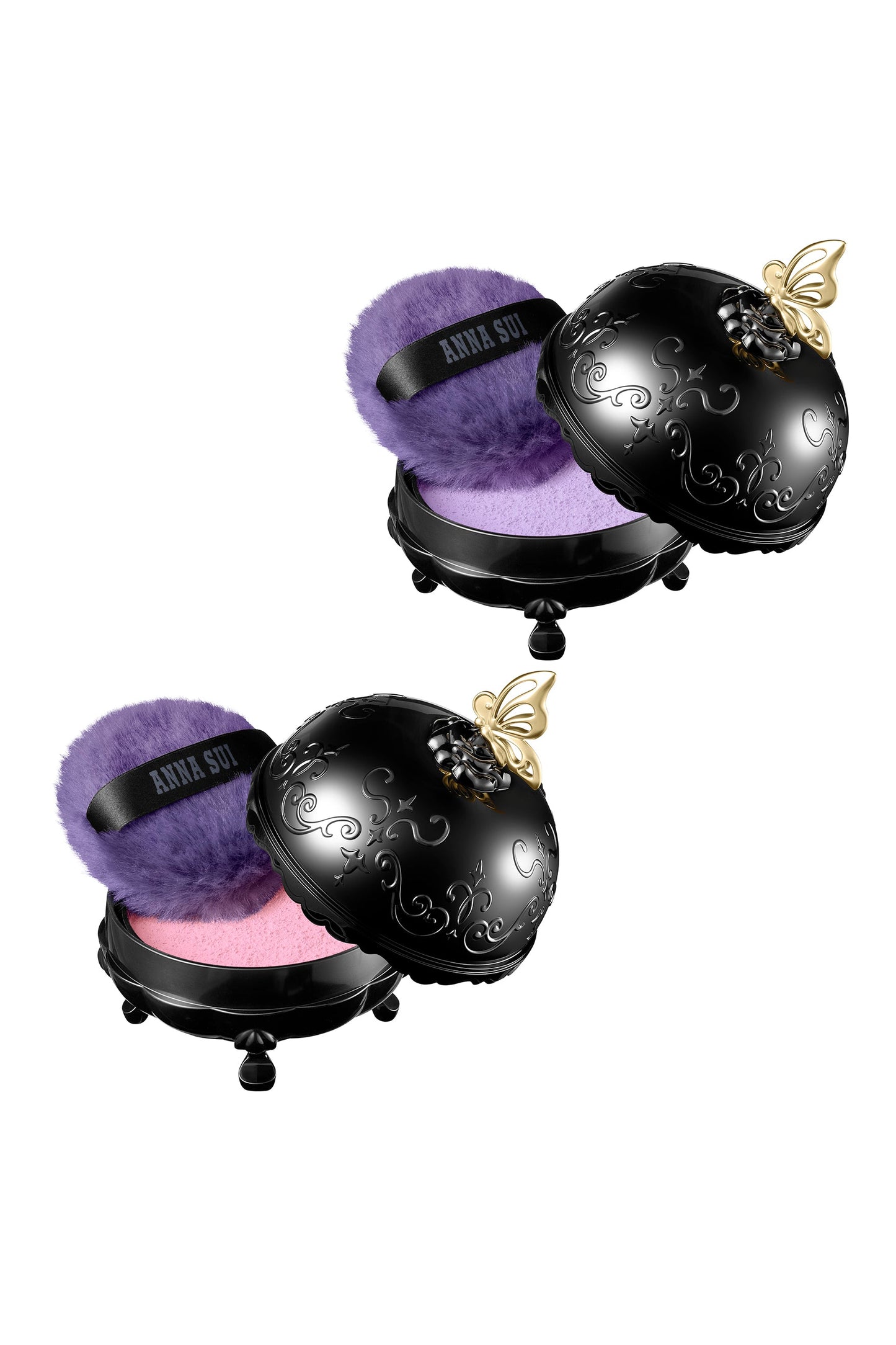 2 Open Face Powder case black classic Anna Sui with purple puff, Powders sold separately