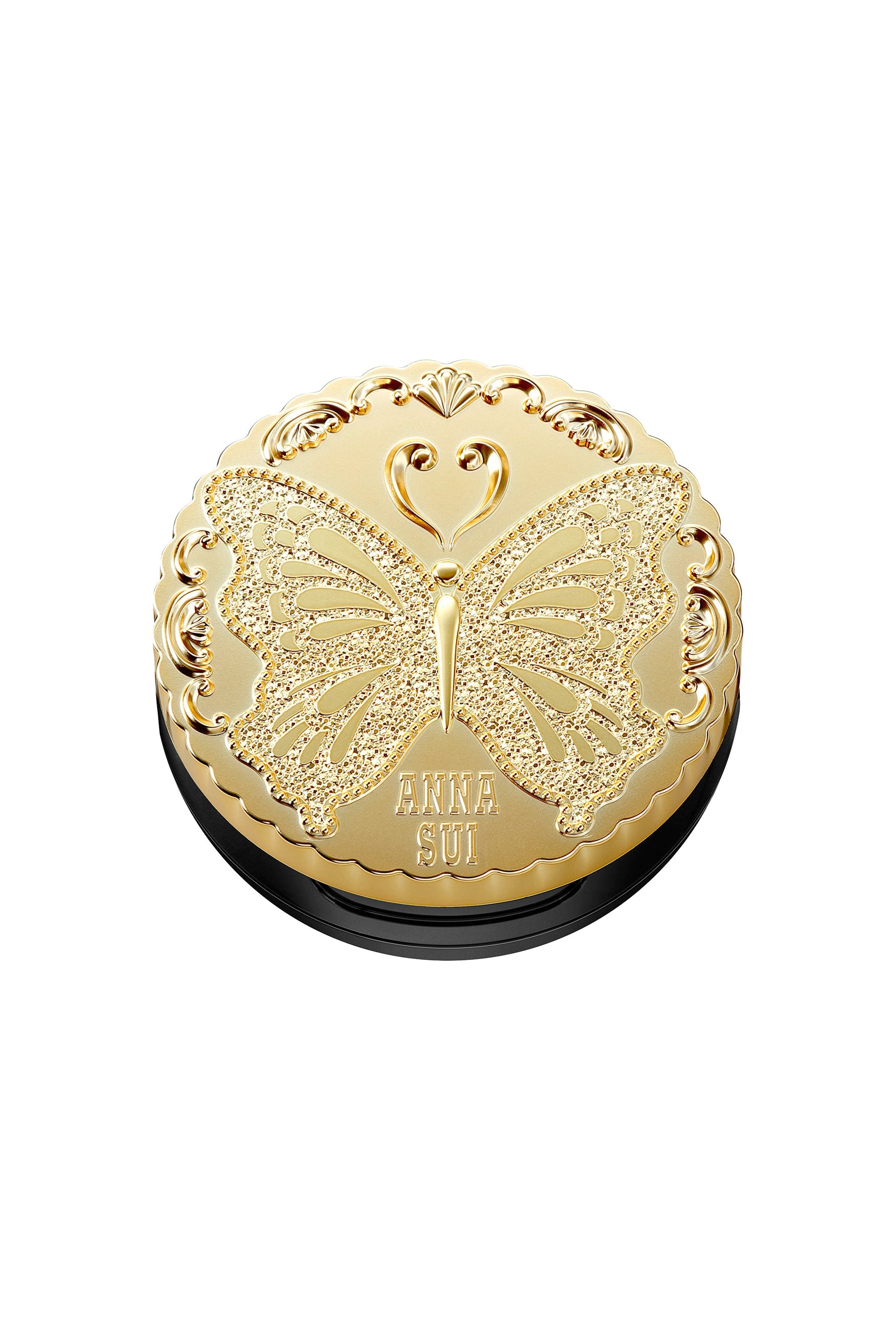 Classic Loose Powder gold round box with a butterfly engrave on top, perfect for on the go