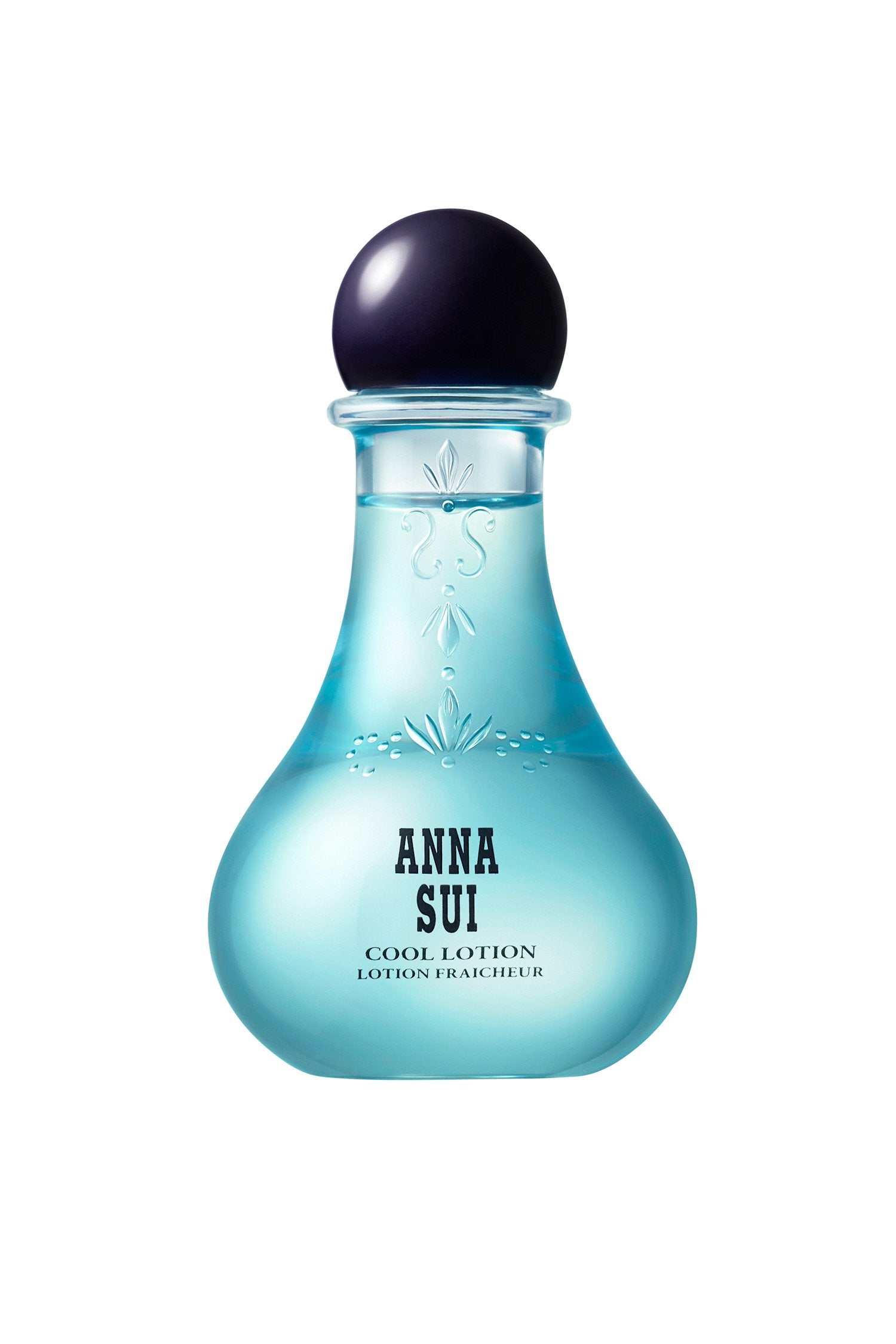 Cool Lotion is in a transparent bluish, bulb-shaped container, floral design and Anna branding, a round cap on top