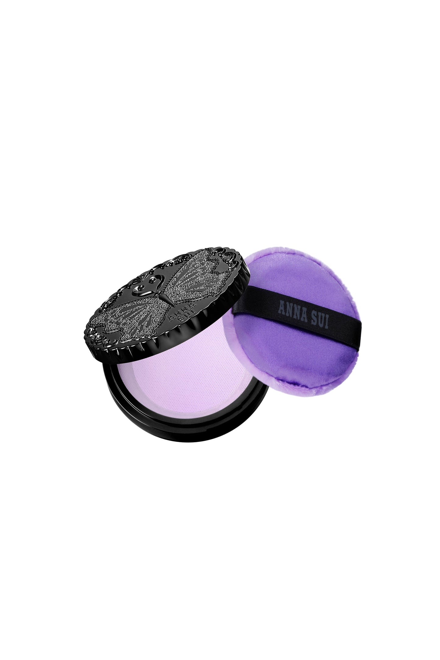 Classic Loose Powder black round box with a butterfly engrave on top, 200: powder, and sponge