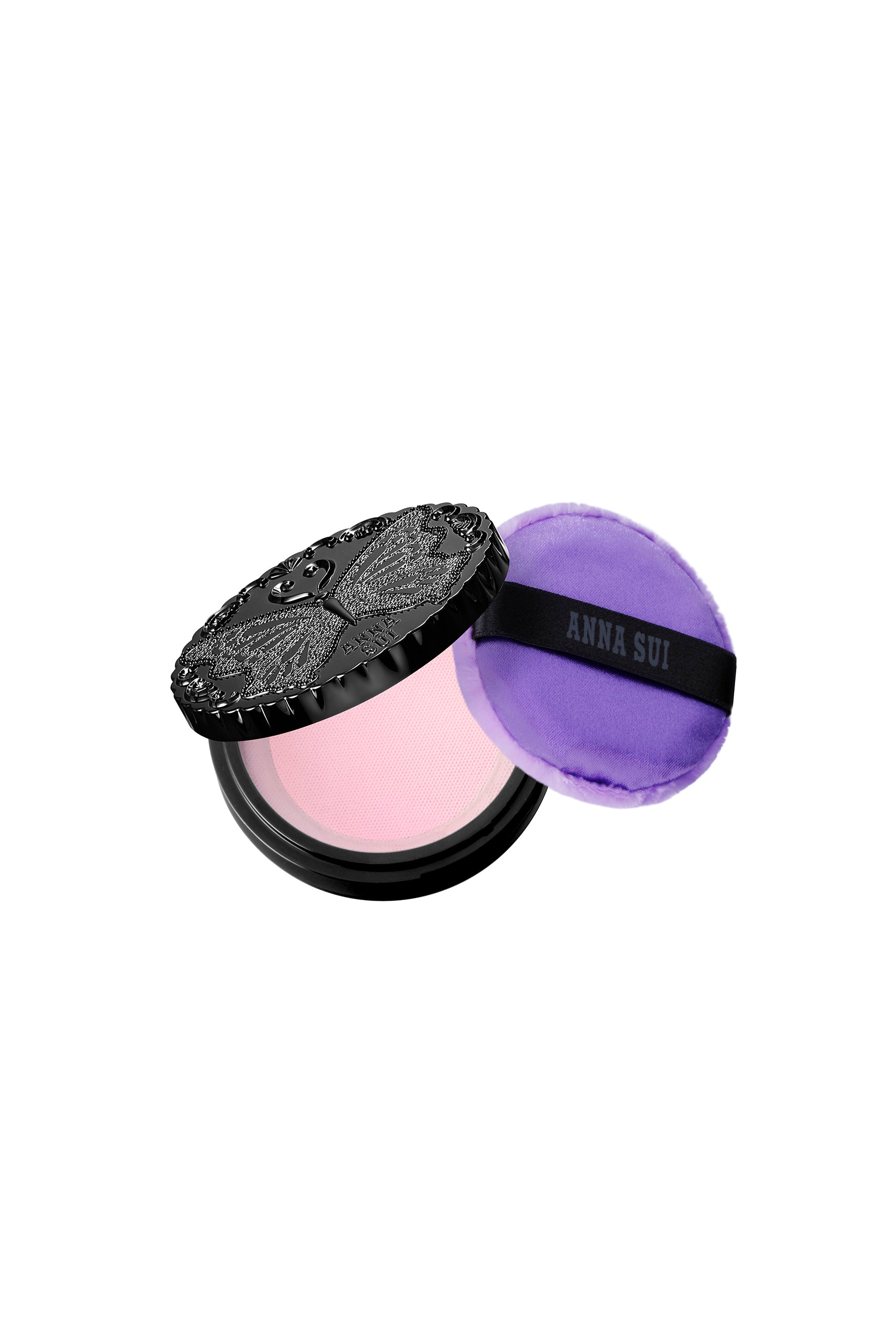 The Classic Loose Powder is a black round box with a butterfly engrave on top, with CASE + 300: powder, and sponge