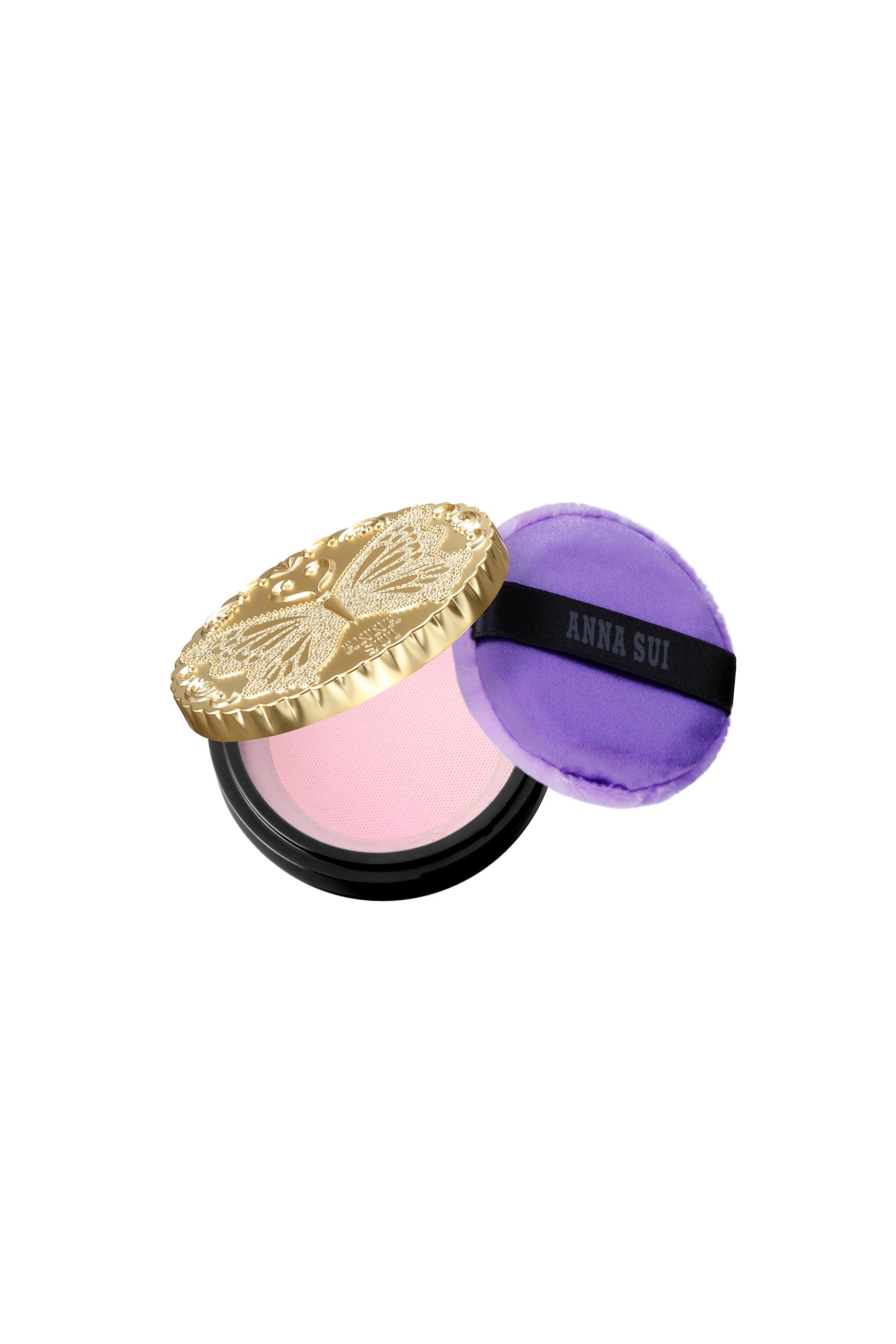 Classic Loose Powder gold round box with a butterfly engrave on top, 300: powder, and sponge