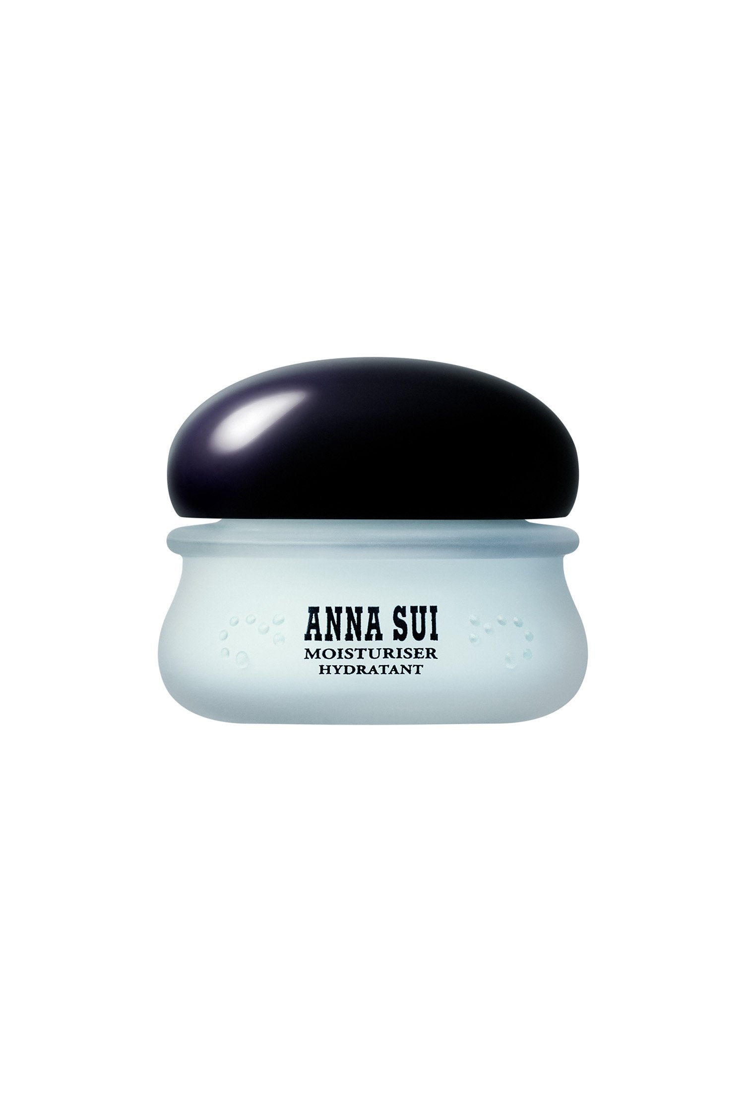 Moisturizer is in a bluish round container a black rounded lid, Anna Sui, Moisturizer Hydratant branding on the container