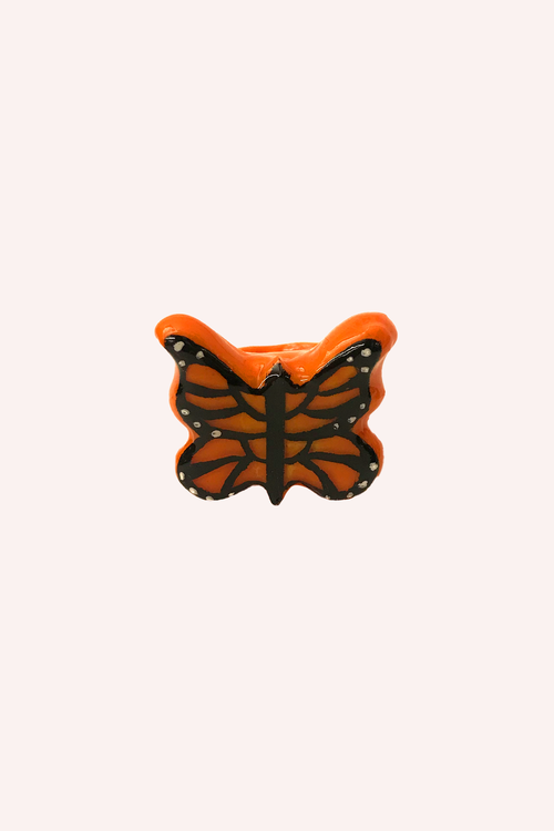 Monarch Hand-Painted Butterfly Ring, a chunky orange butterfly ring with black shape and rhinestone on its wings