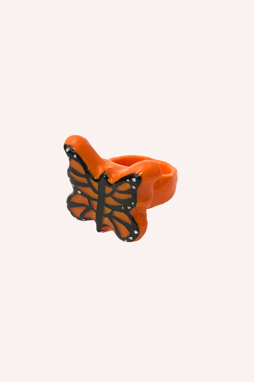 Hand-painted Monarch butterfly ring, featuring a solid orange butterfly with a black butterfly overlay design