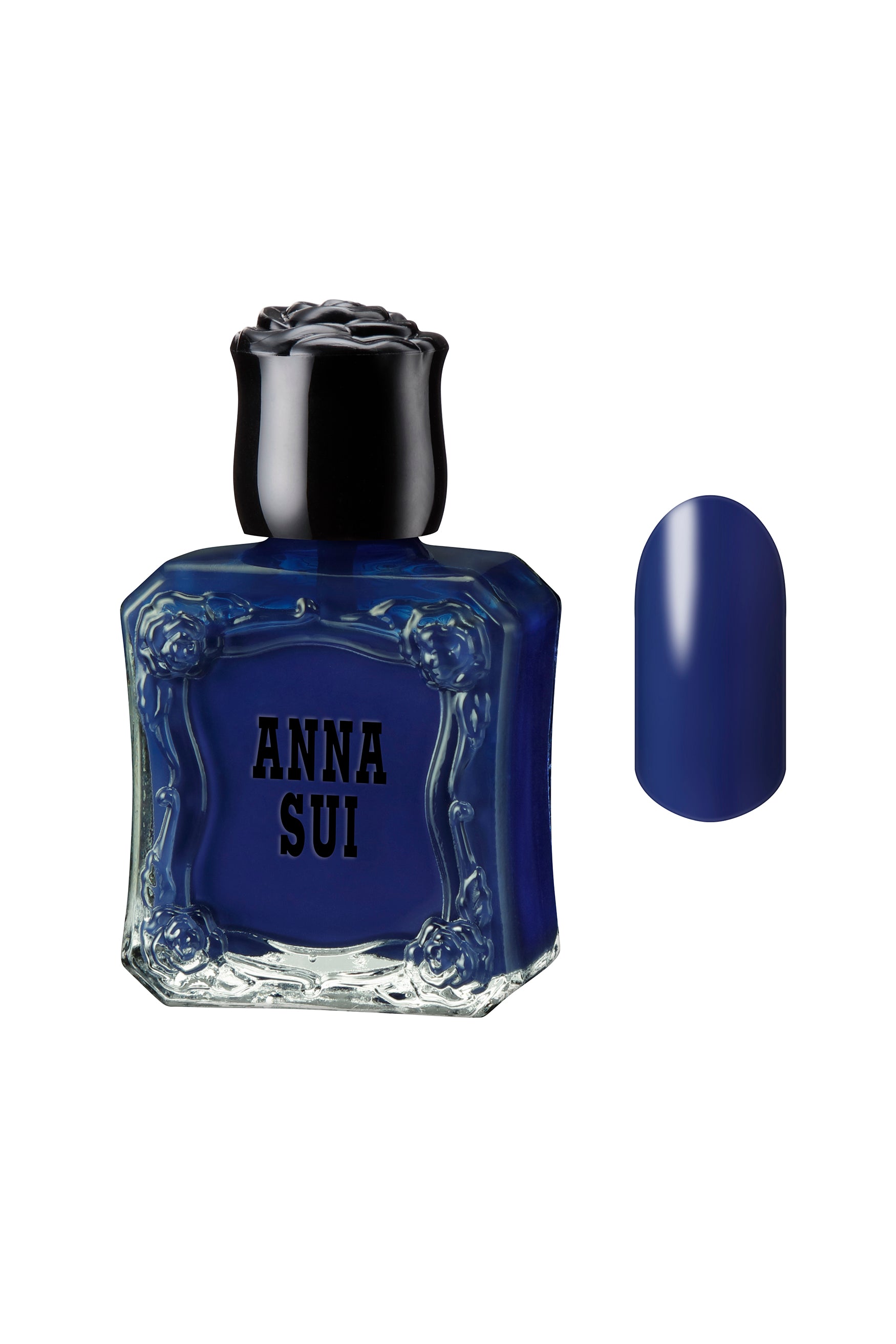 ROYAL BLUE: Glass bottle, black cap rose shape, with Anna Sui floral design and label