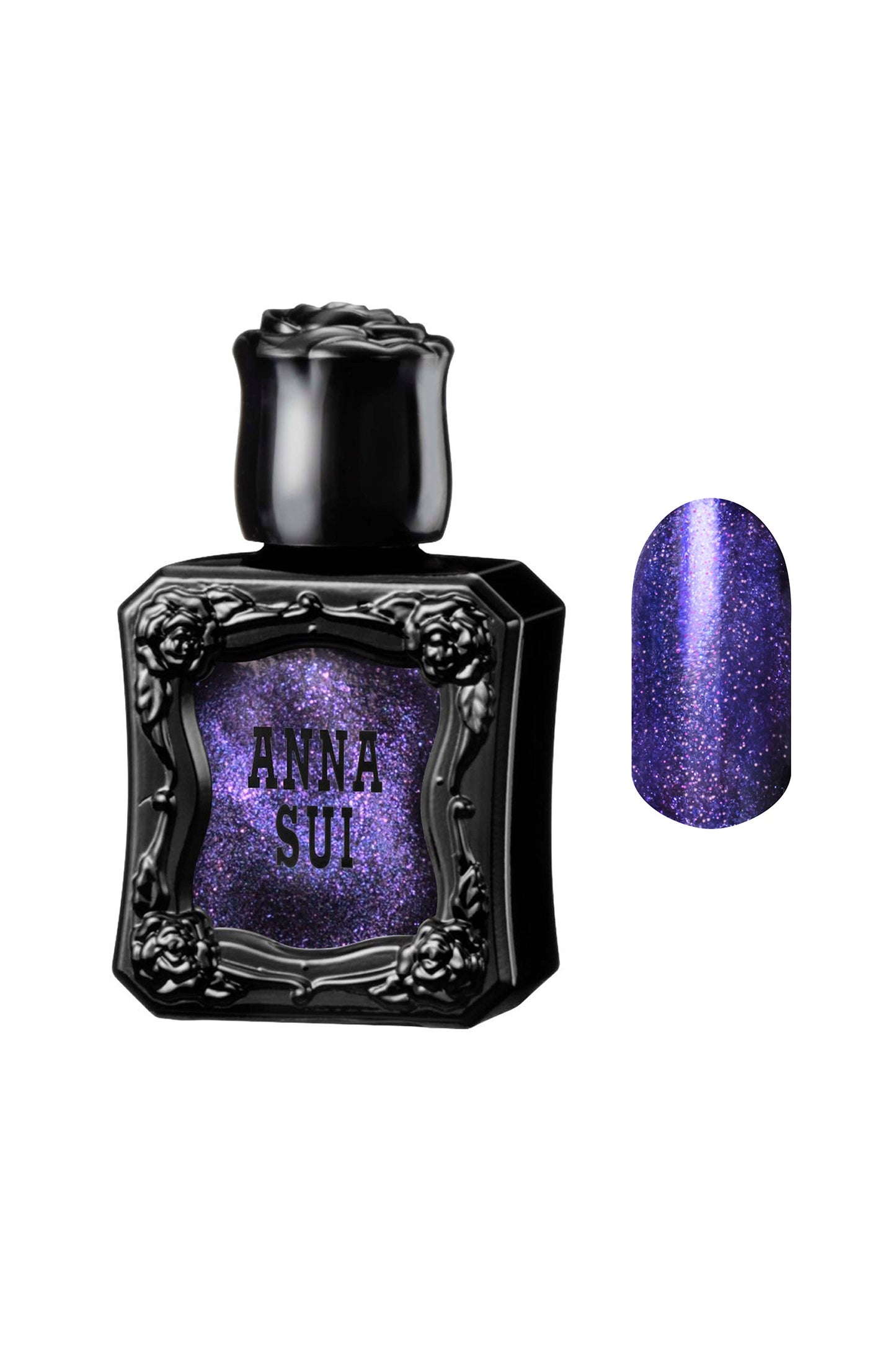 PURPLE MOONLIGHT Polish bottle raised rose pattern, Anna Sui in black over nail colors in front