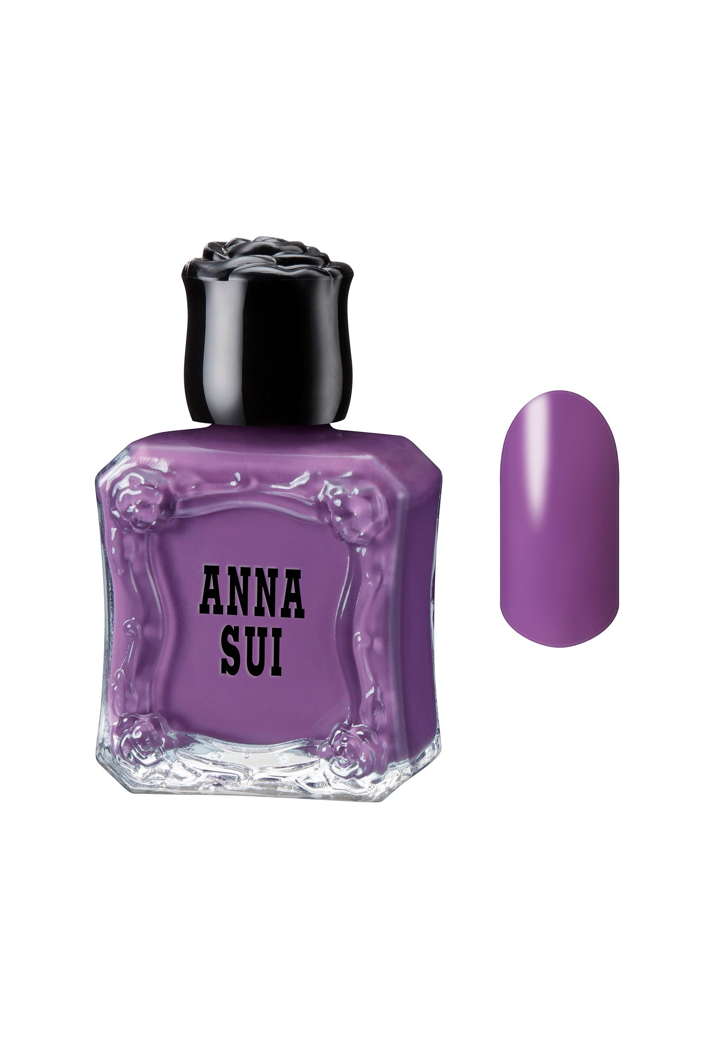 LILAC: Glass bottle, black cap rose shape, with Anna Sui floral design and label