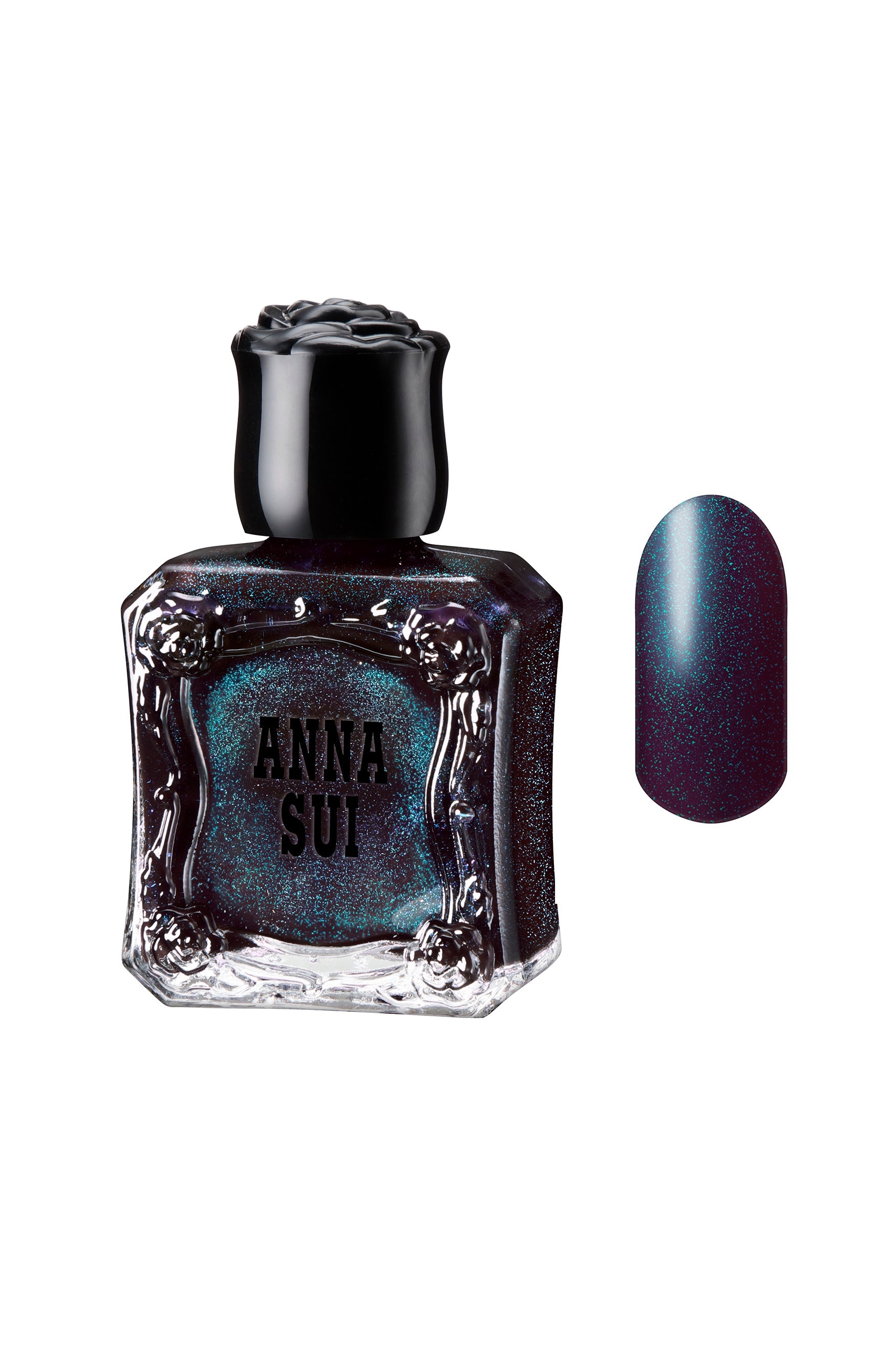 MIDNIGHT BLUE GLITTER: Glass bottles with a rose on the black cap are styled like Anna Sui perfume with a rounded brush