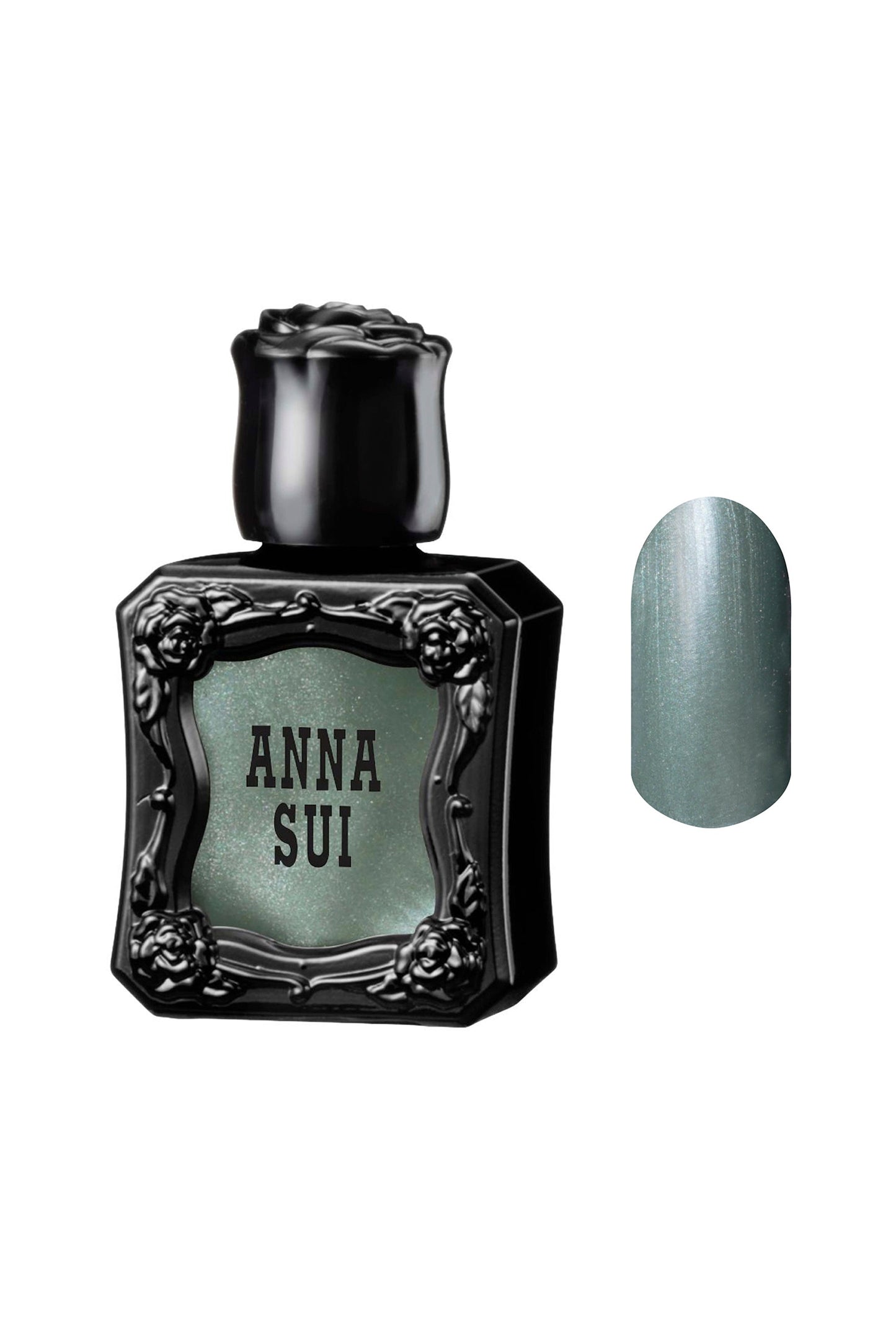 BAMBOO GREEN Nail Polish bottle raised rose pattern, Anna Sui in black over nail colors in front