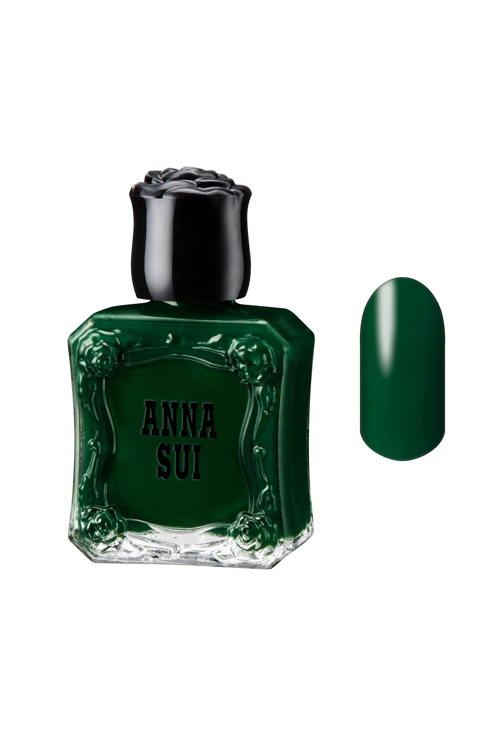 EMERALD GREEN: Glass bottles with a rose on the black cap are styled like Anna Sui perfume with a rounded brush