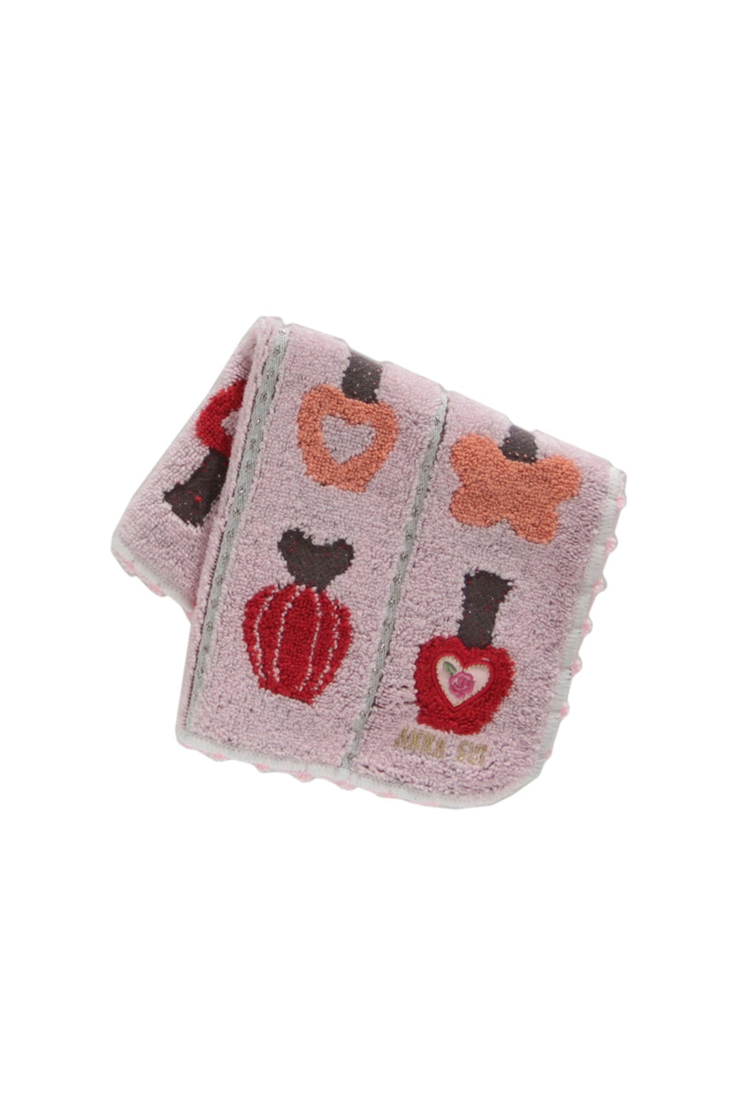 Washcloth, light rose, with lines of Nail Polish design bottles, Anna Sui label in the corner