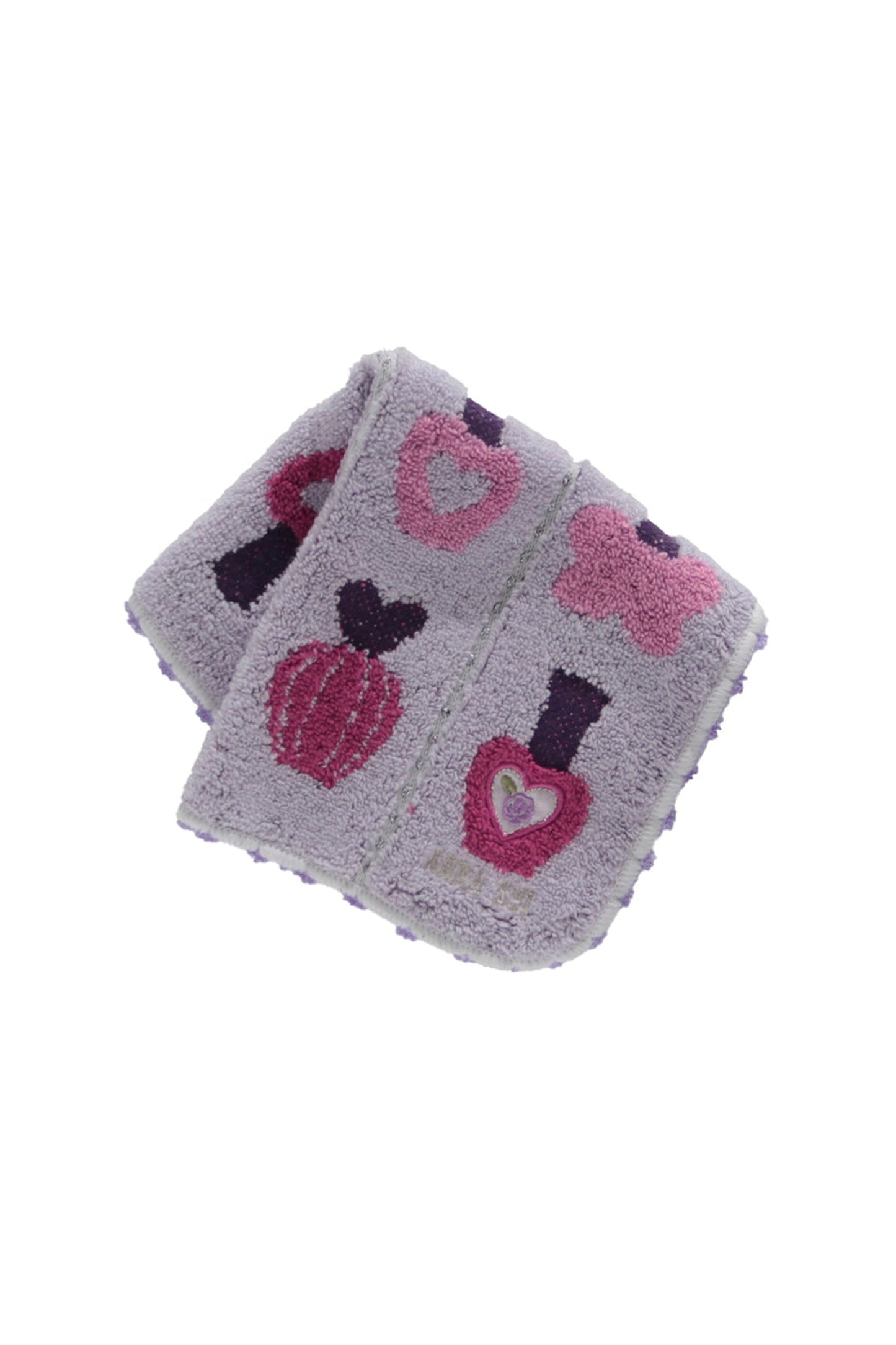 Washcloth, light purple, with lines of Nail Polish design bottles, Anna Sui label in the corner