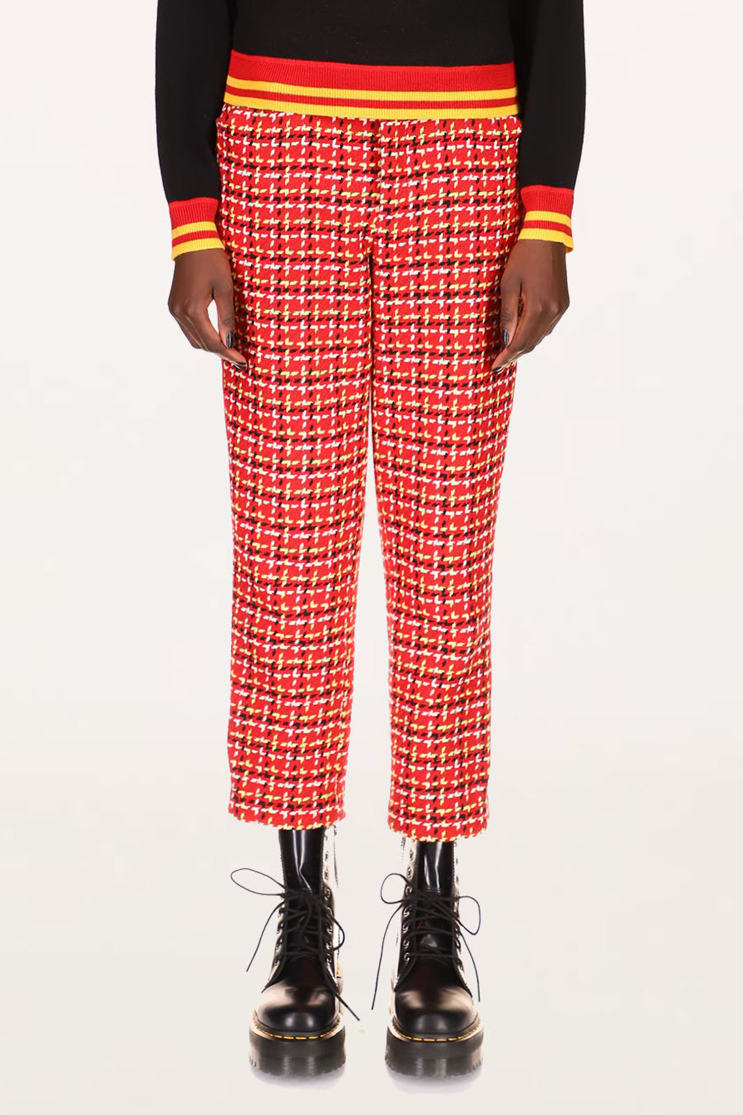 Neo Plaid Pants Red, above ankles long, bright yellow and orange belt line, mainly orange red color