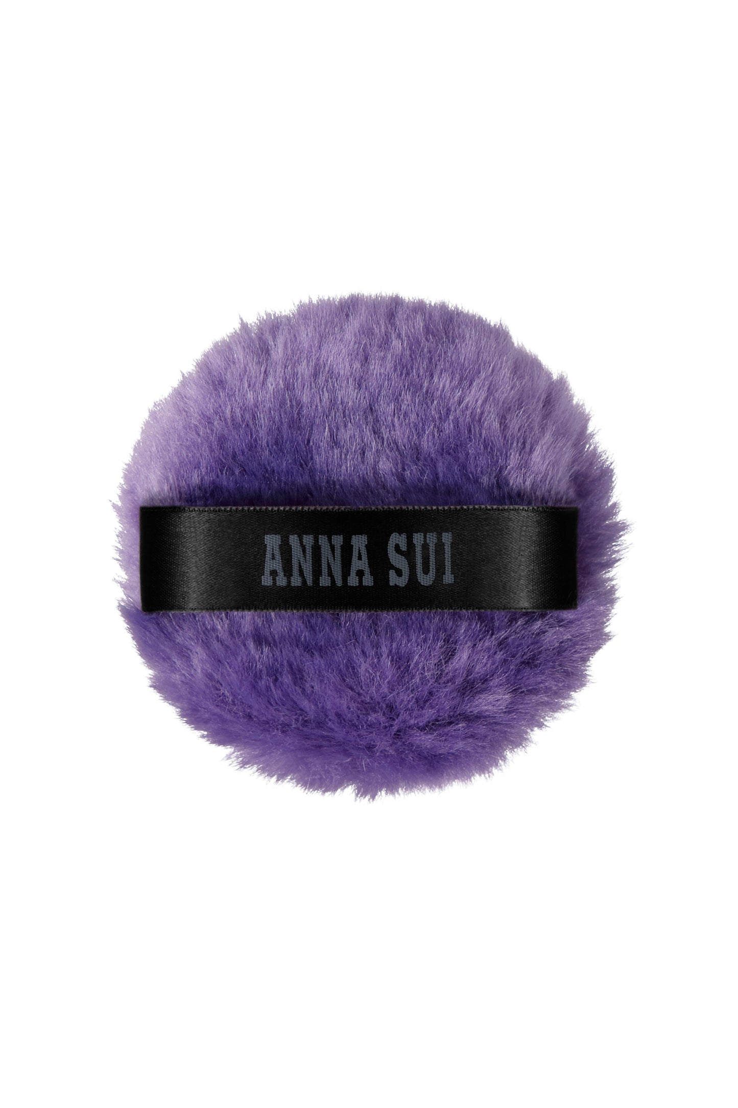 A round purple fluffy powder puff with black ribbon that helps set your base for an airbrushed look.