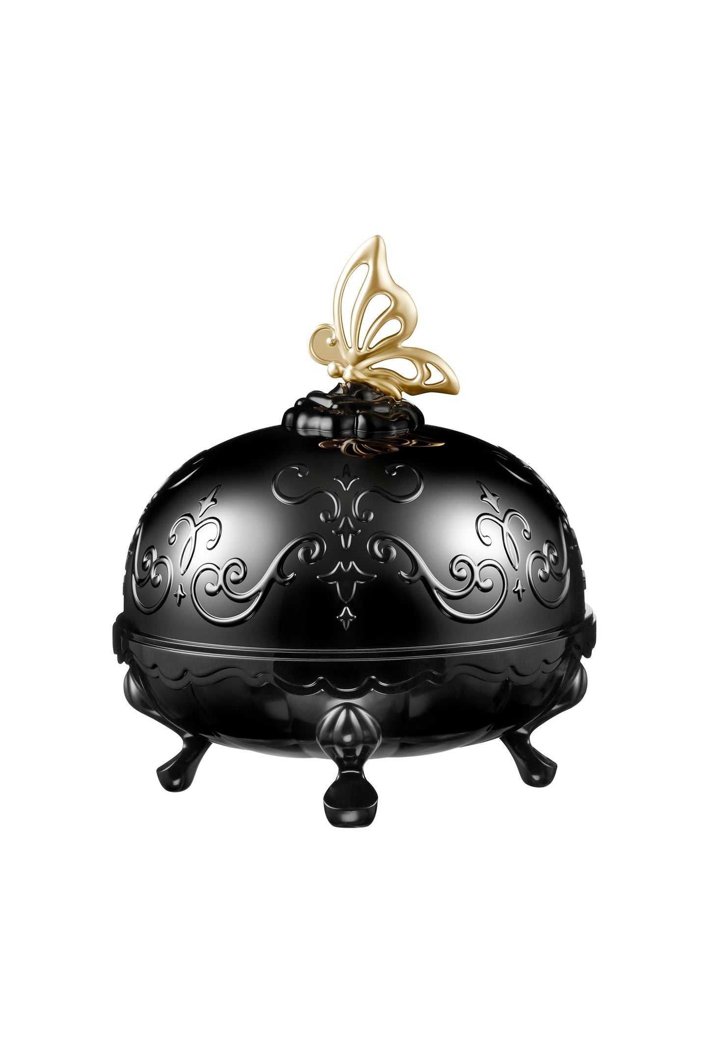 Powder case black classic Anna Sui, It includes chic cabriole legs that support a golden butterfly