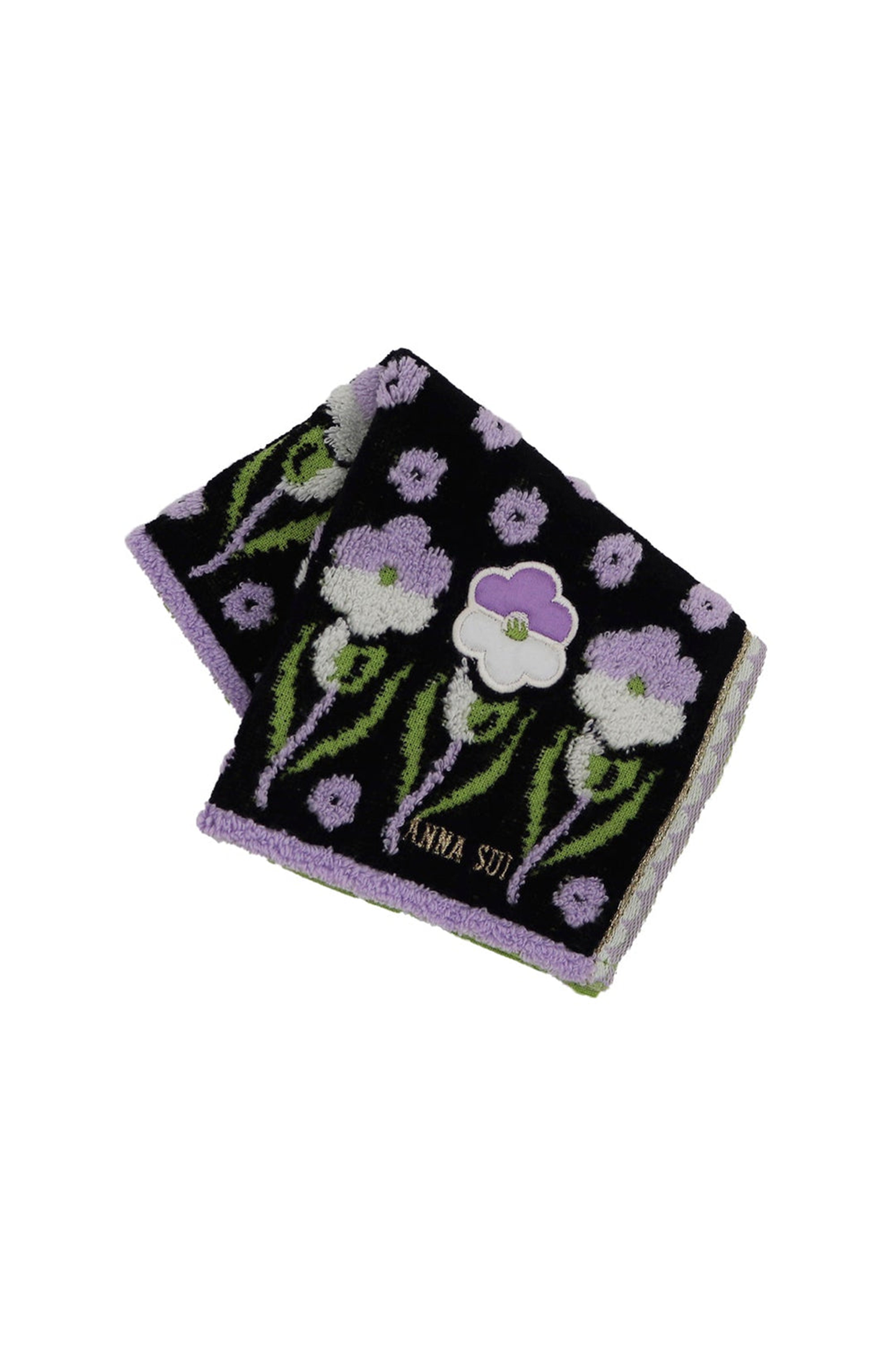 Pansy Panel Washcloth, black with lines of white/purple Pansy, Anna Sui label at bottom 