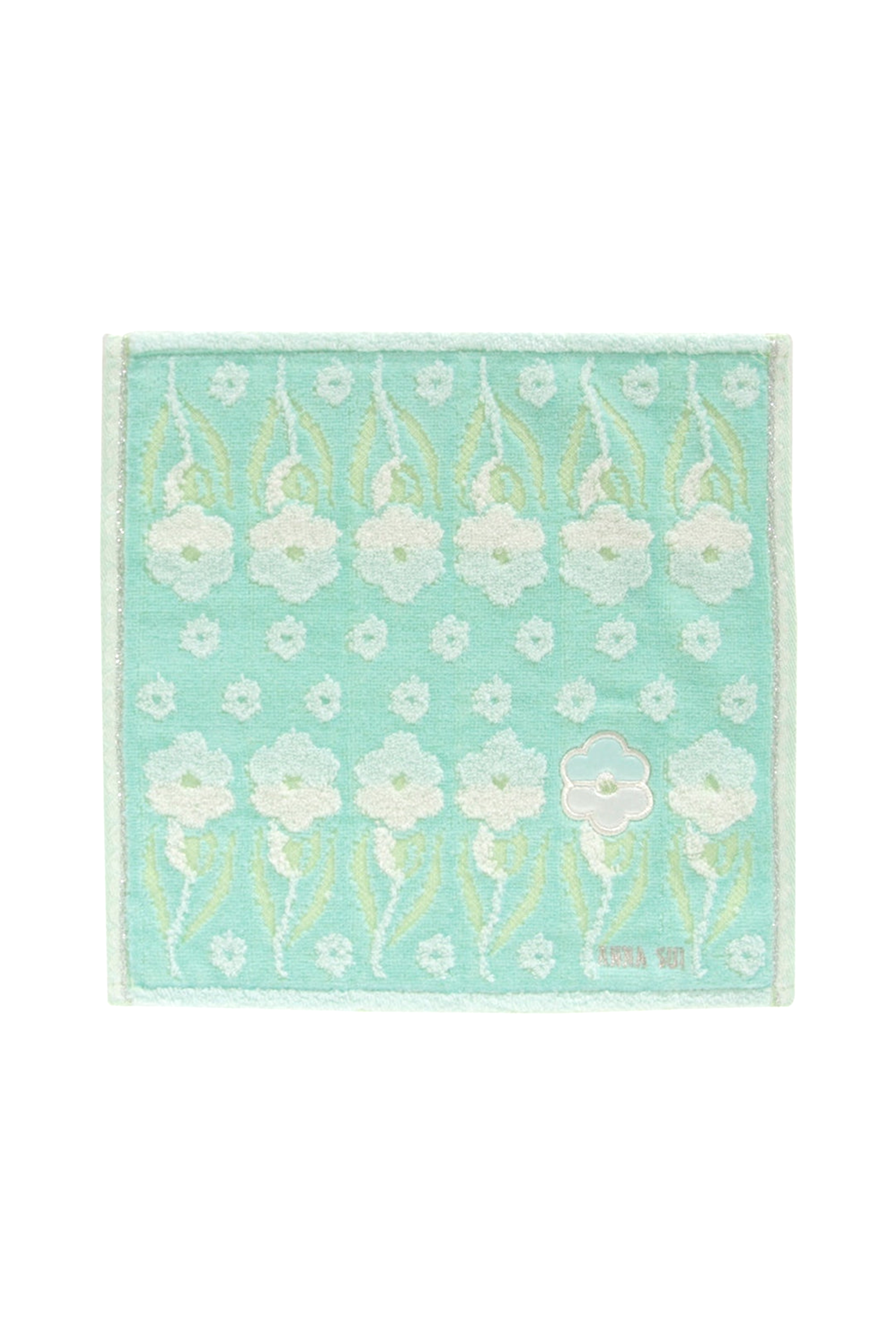 Pansy Panel Washcloth, green with 2lines of white/white Pansy, Anna Sui label at bottom 