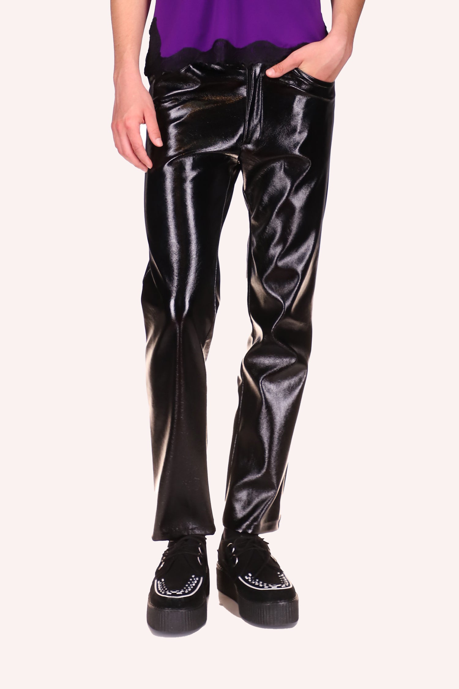 Genderless Black Patent Pants, just above ankles, 2 front pocket, front zipper, shiny black texture