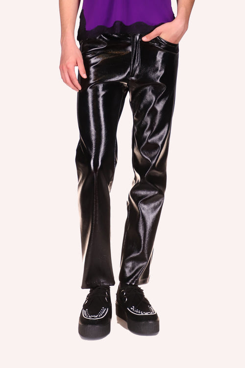 Genderless Black Patent Pants Black, just above ankles, 2 front pocket, front zipper, in a shinny black texture