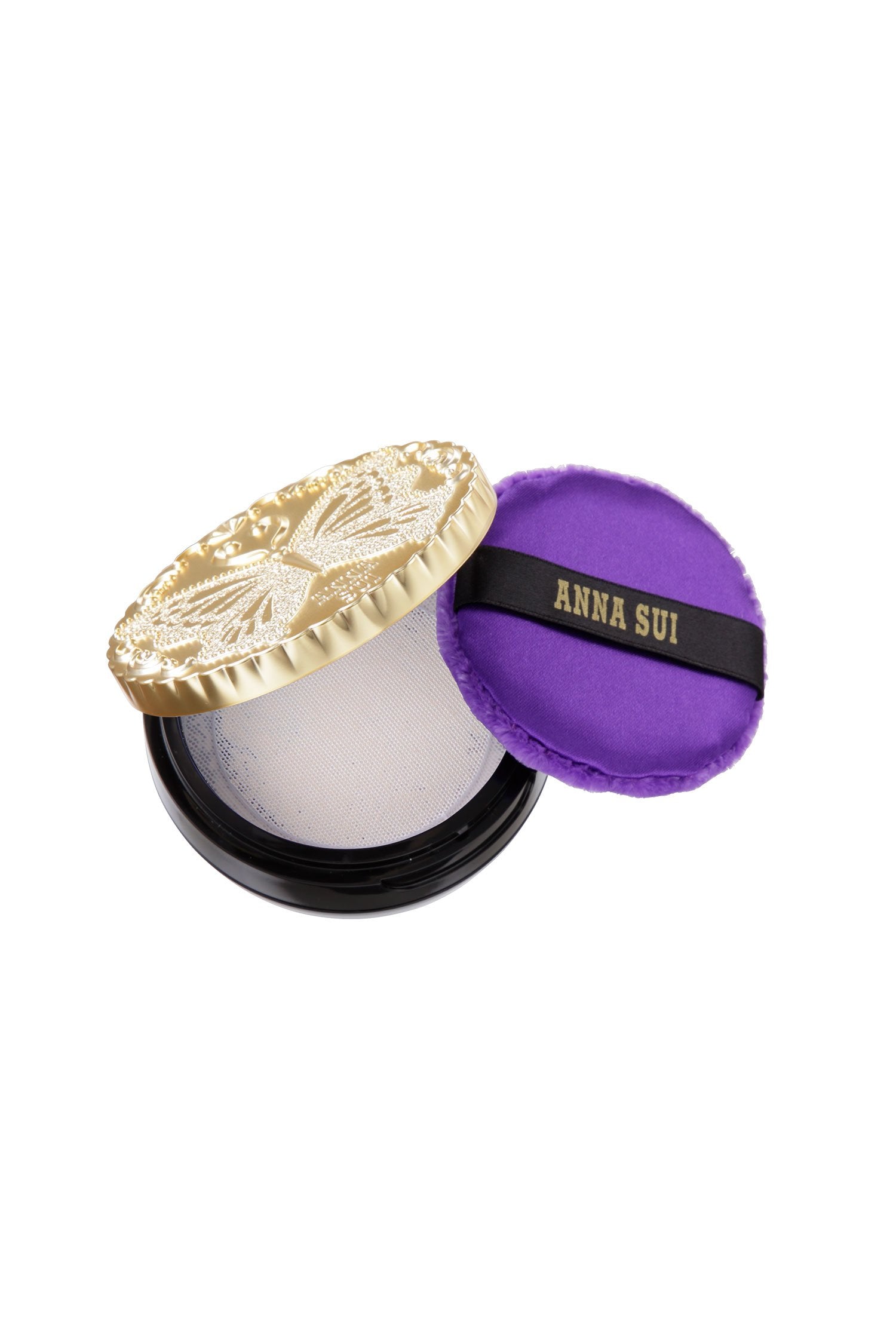 Mini Loose LIGHT BEIGE Powder Set, round black case, with a golden lid with engraved butterfly on top, and a purple pad.